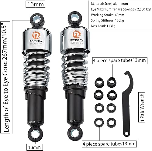 Miniatura 2 de Possbay amortiguador de motocicleta, amortiguador trasero de motocicleta 10.5"/267mm, suspensión trasera universal 1 par, negro y plateado
