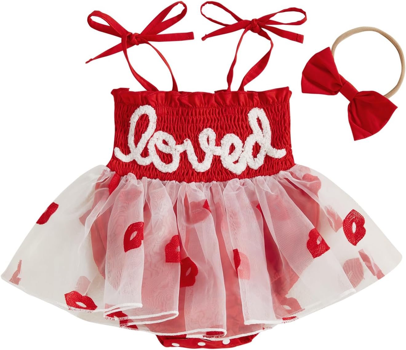 Madjtlqy Baby Girl Valentines Day Outfits Toddler Letter Embroidery Smocked Sleeveless Romper Dress with Headband