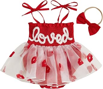 Madjtlqy Baby Girl Valentines Day Outfits Toddler Letter Embroidery Smocked Sleeveless Romper Dress with Headband