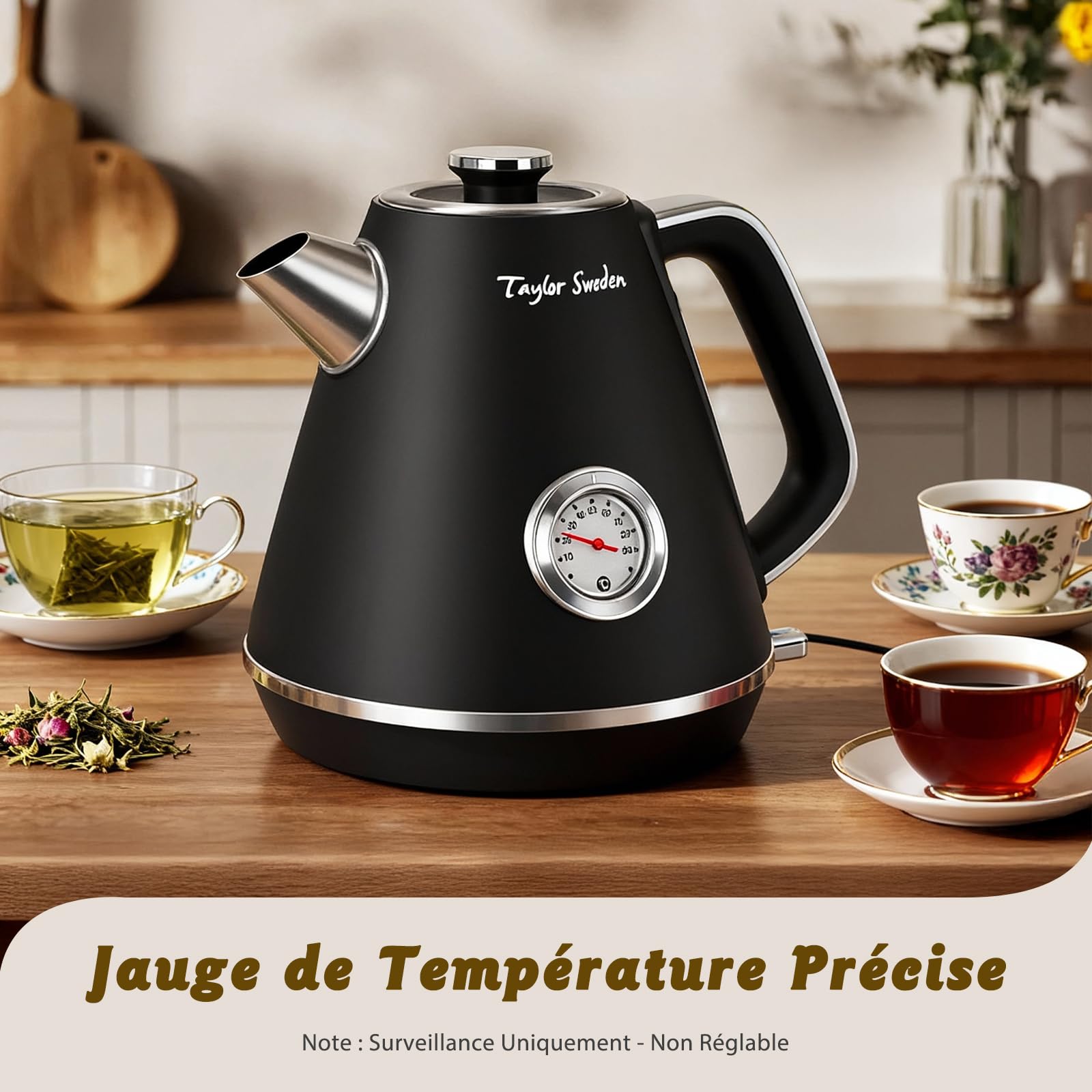 Taylor Swoden Aladin - Bouilloire rétro Vintage themomètre intégré, 2200W, 1,7L. Acier inoxydable, arrêt automatique, cadran de température.