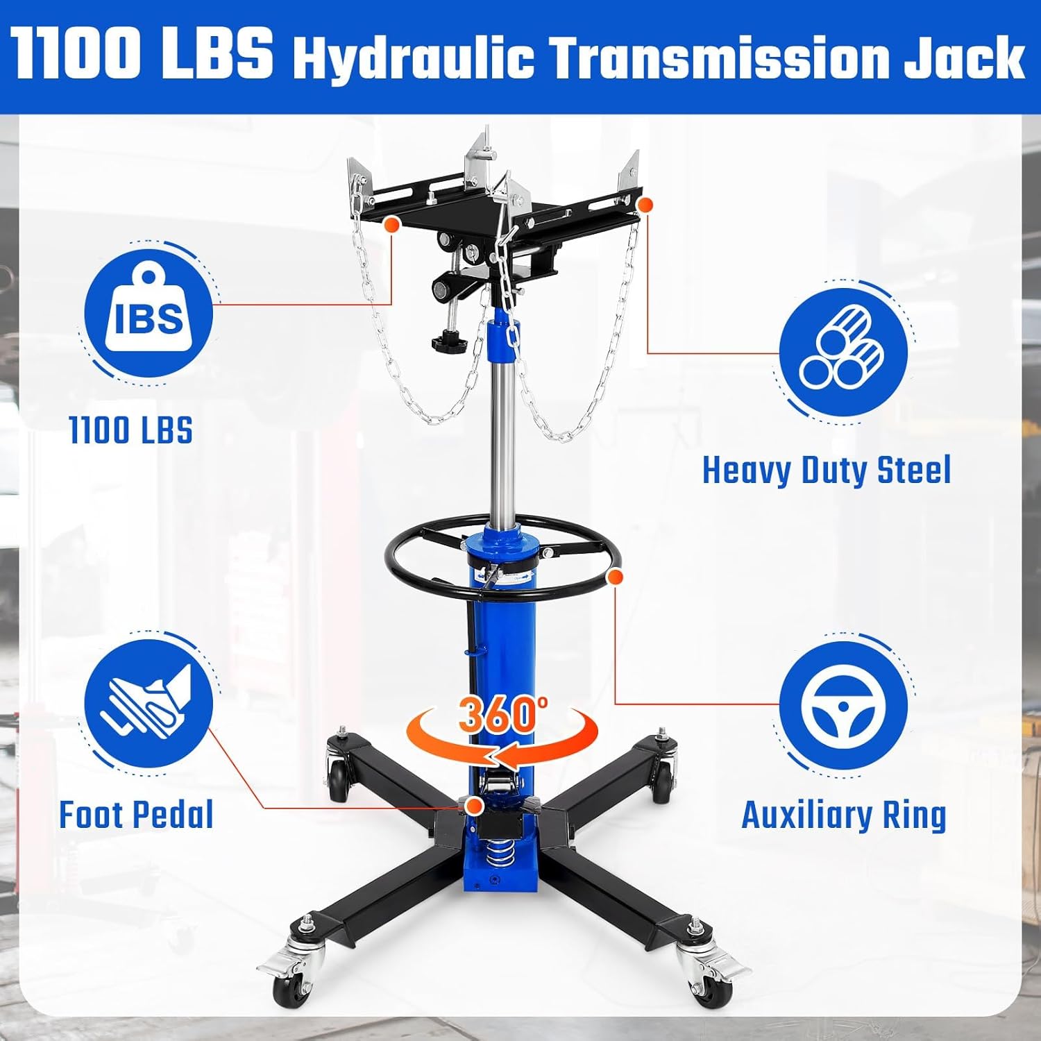Transmission Jack, 34"-68" High Lift, 1322 lbs Hydraulic Telescoping Transmission Jack, 2-Stage Transmission Stand 0.6 Ton Capacity with Foot Pedal, 360° Swivel Wheel, Garage/Shop Lift Hoist, Blue