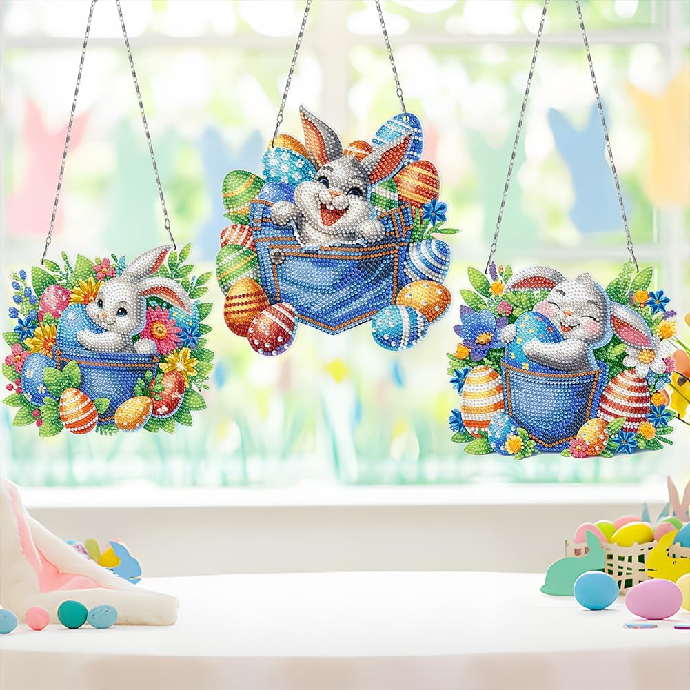 C'eitura 3pcs Easter Bunny Egg 5D DIY Diamond Art Painting Hanging Pendant Rhineston for Easter Home Garden Window Decor