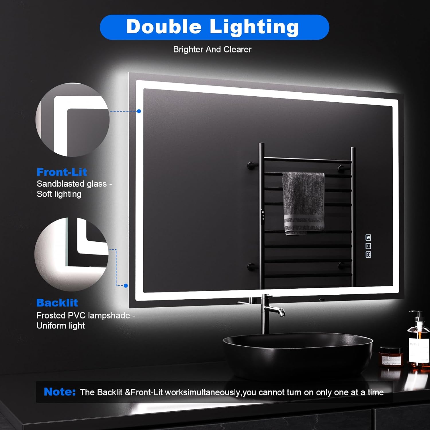 QAOYEDE 35"x25" Bathroom Mirror with Lights, LED Bathroom Vanity Mirror, Anti-Fog Dimmable Backlit and Front Light, Memory, 3 Color Modes, Shatter-Proof, Tempered Glass, Horizontal/Vertical for Wall
