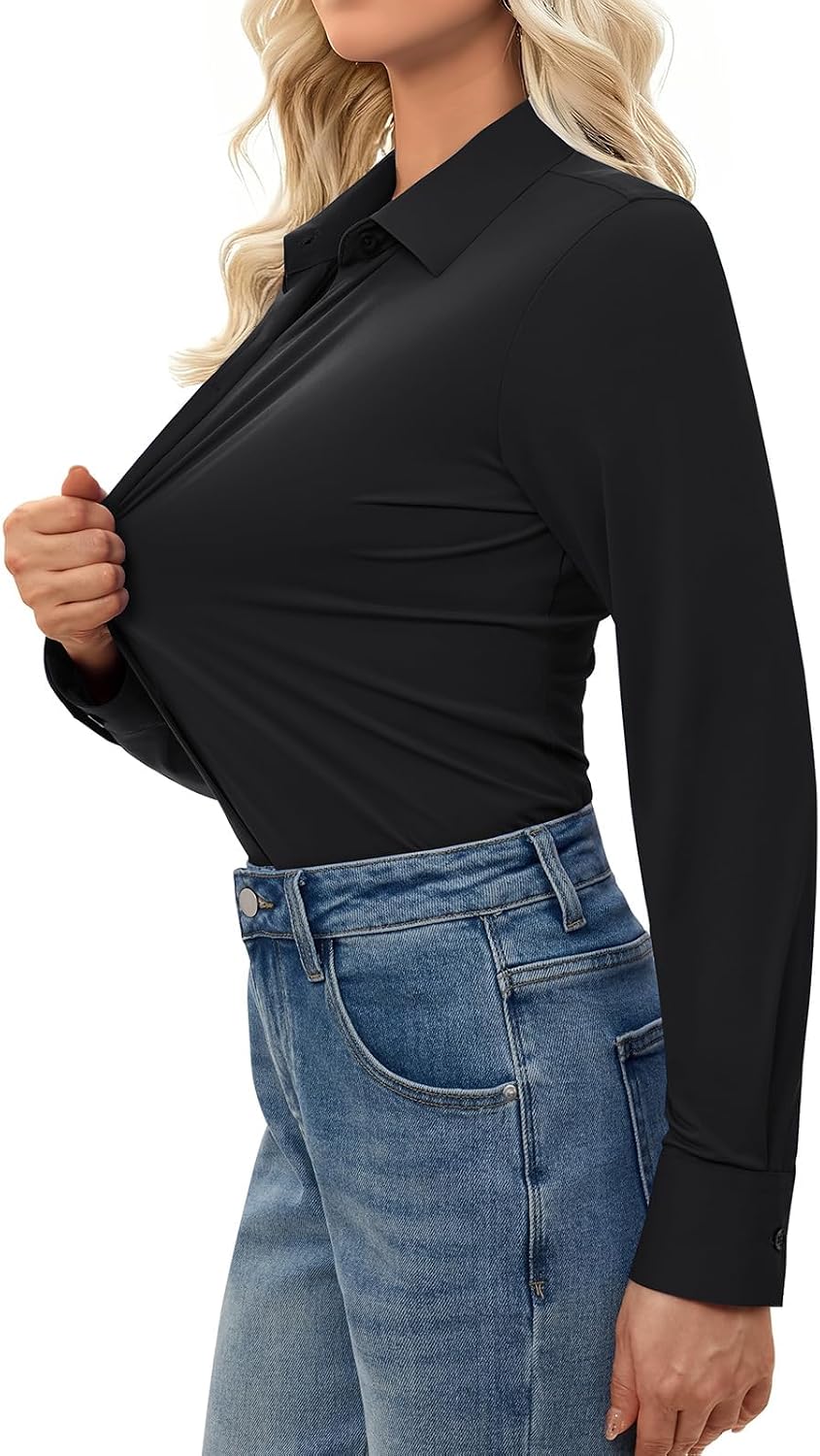 Aoudery Button Down Shirts for Women Slim Fit Long Sleeve Stretch Dress Shirts Work Shirt Wrinkle Free