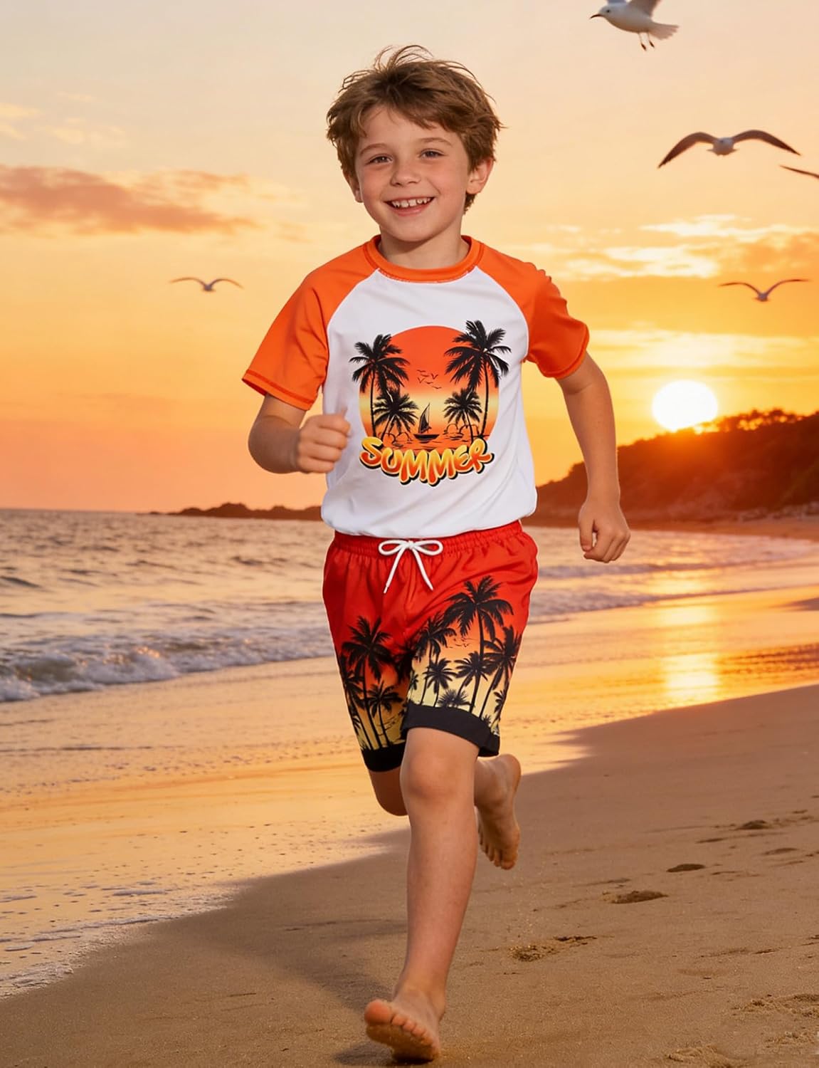 Boys Short Sleeve Rash Guard Swimsuit Set with Swim Trunks for 4-12 Years