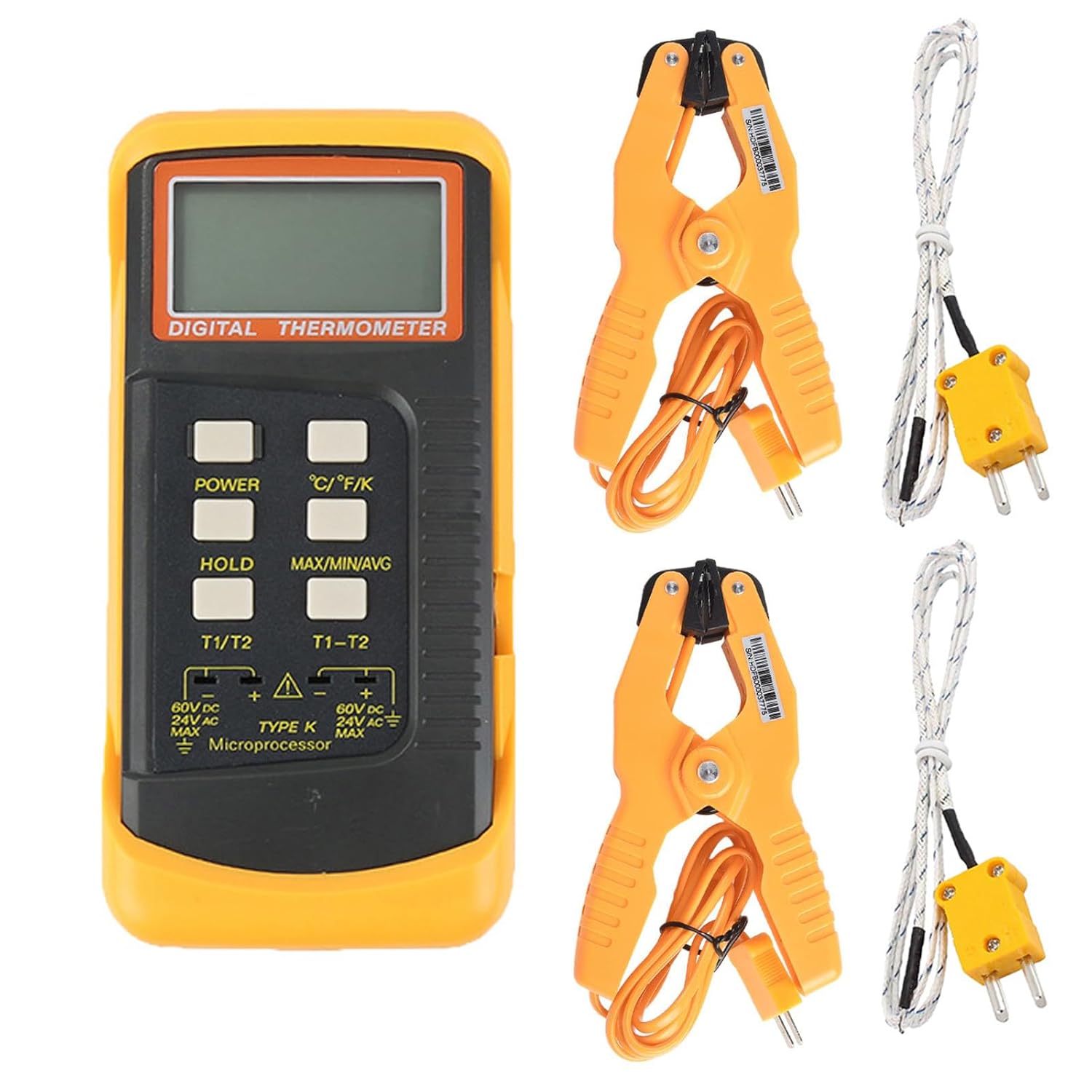 Dual Channel K Type Thermocouple Thermometer (-50~1300°C) with LCD Display, High Accuracy Readings, 2 Pipe Clamp Sensors and 2 Thermocouple Probes