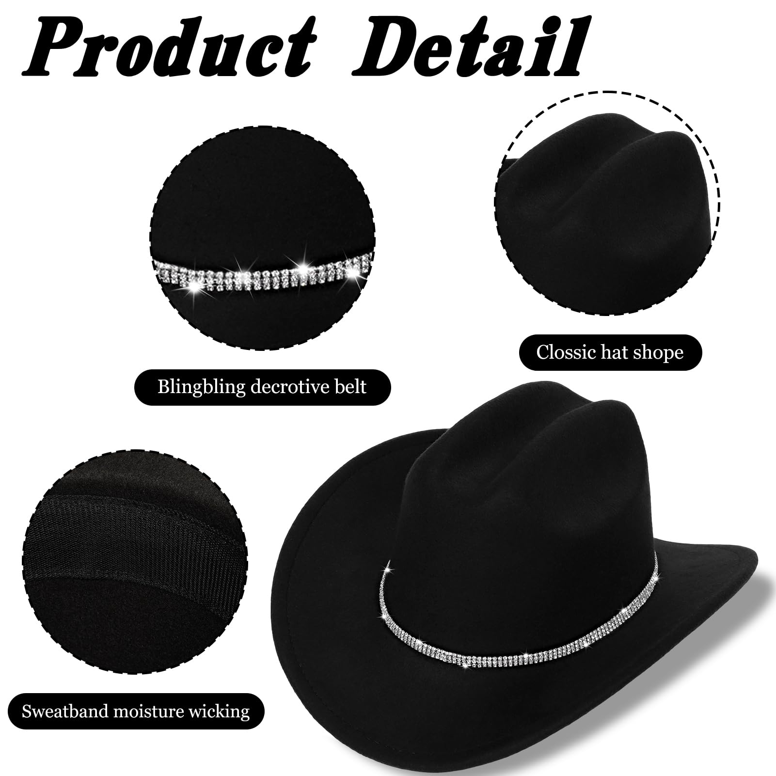 Crittygo Cowboy Hat for Women and Men Sparkly Rhinestone Cowgirl Hat and Boot Earrings - Image 3