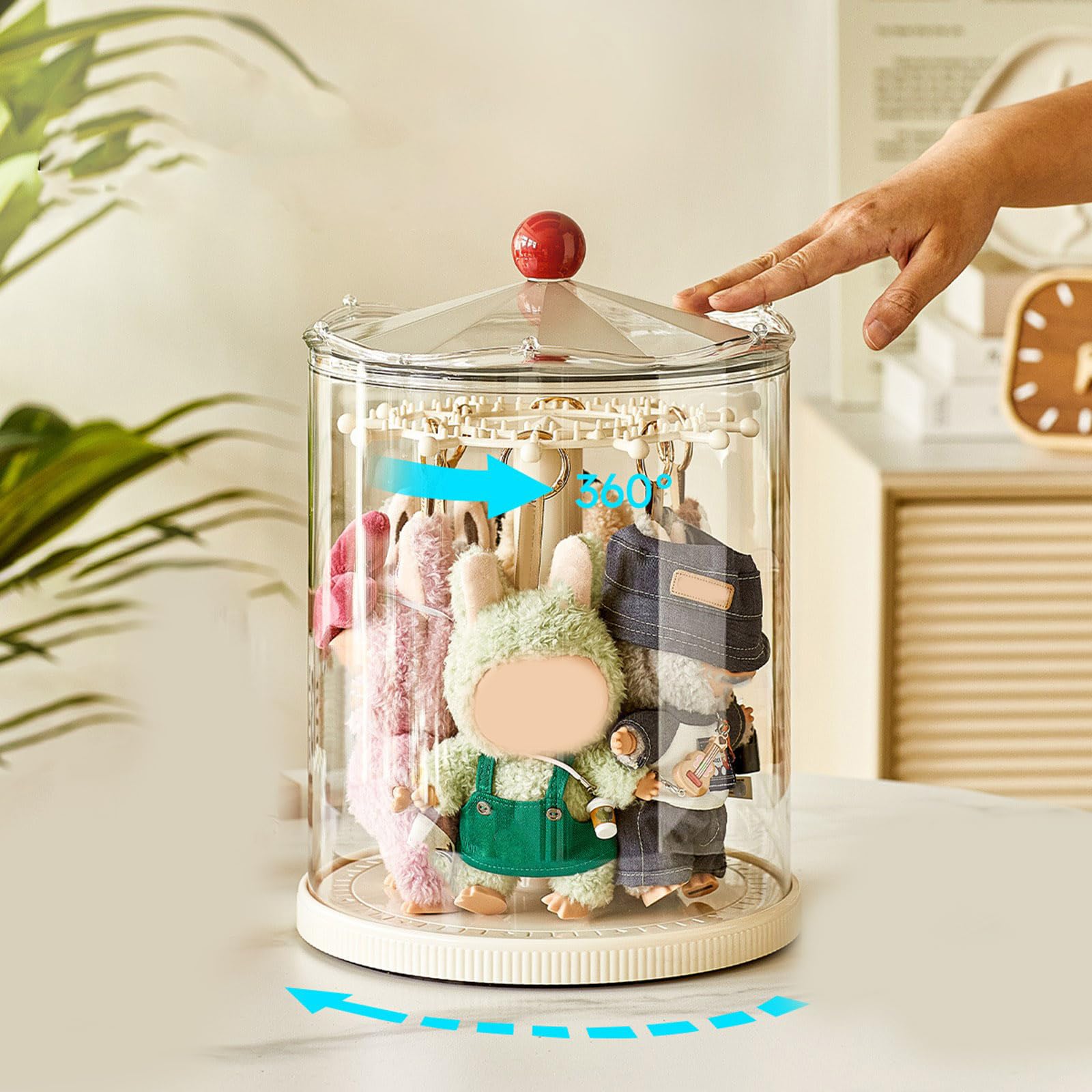 Soporte giratorio para llaveros coleccionables y figuras en miniatura con almacenamiento multicapa, cubierta transparente a prueba de polvo, soporte giratorio para llavero