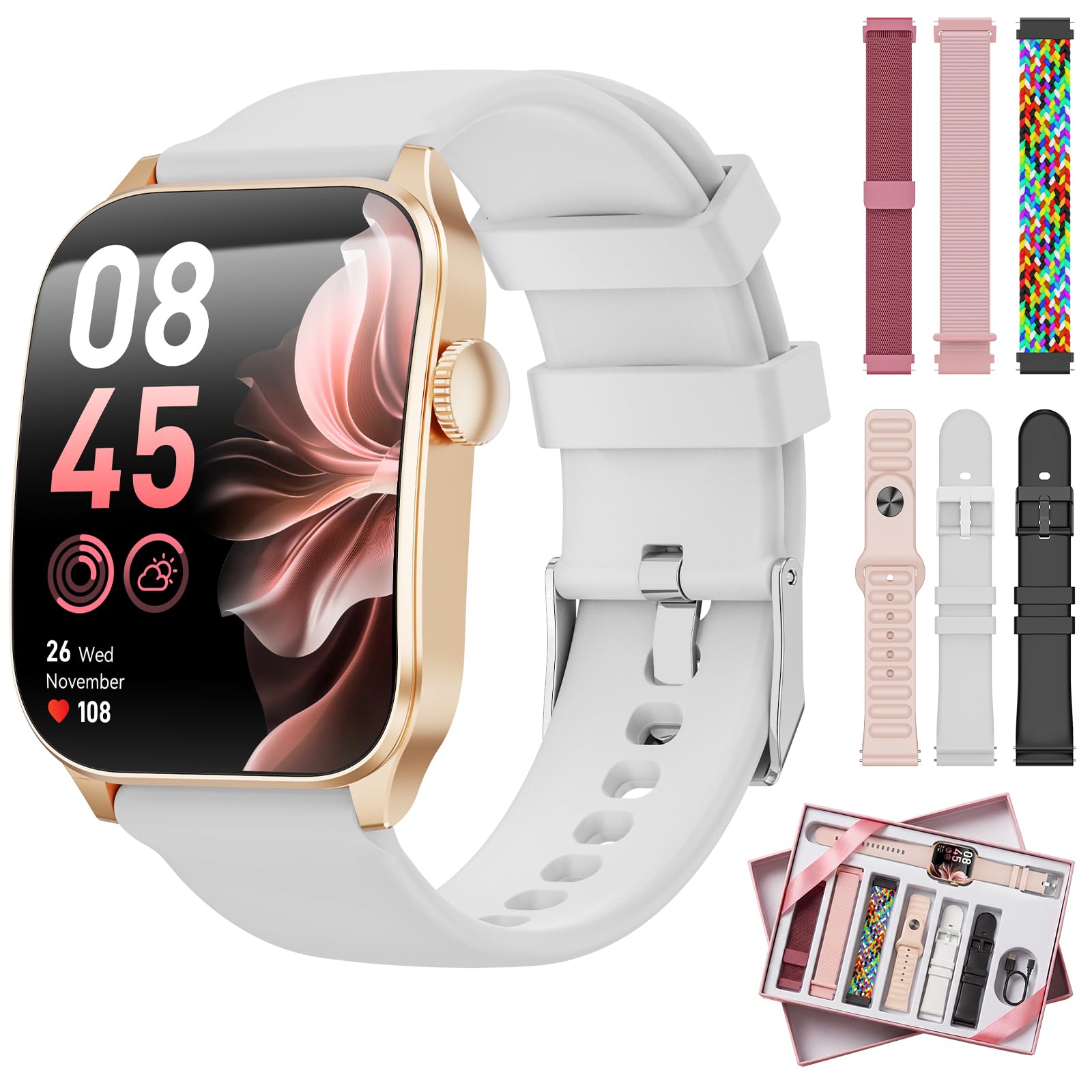 Smartwatch Damen, 1,91" HD-Kurvdisplay mit 7 Armbänder/Geschenkbox