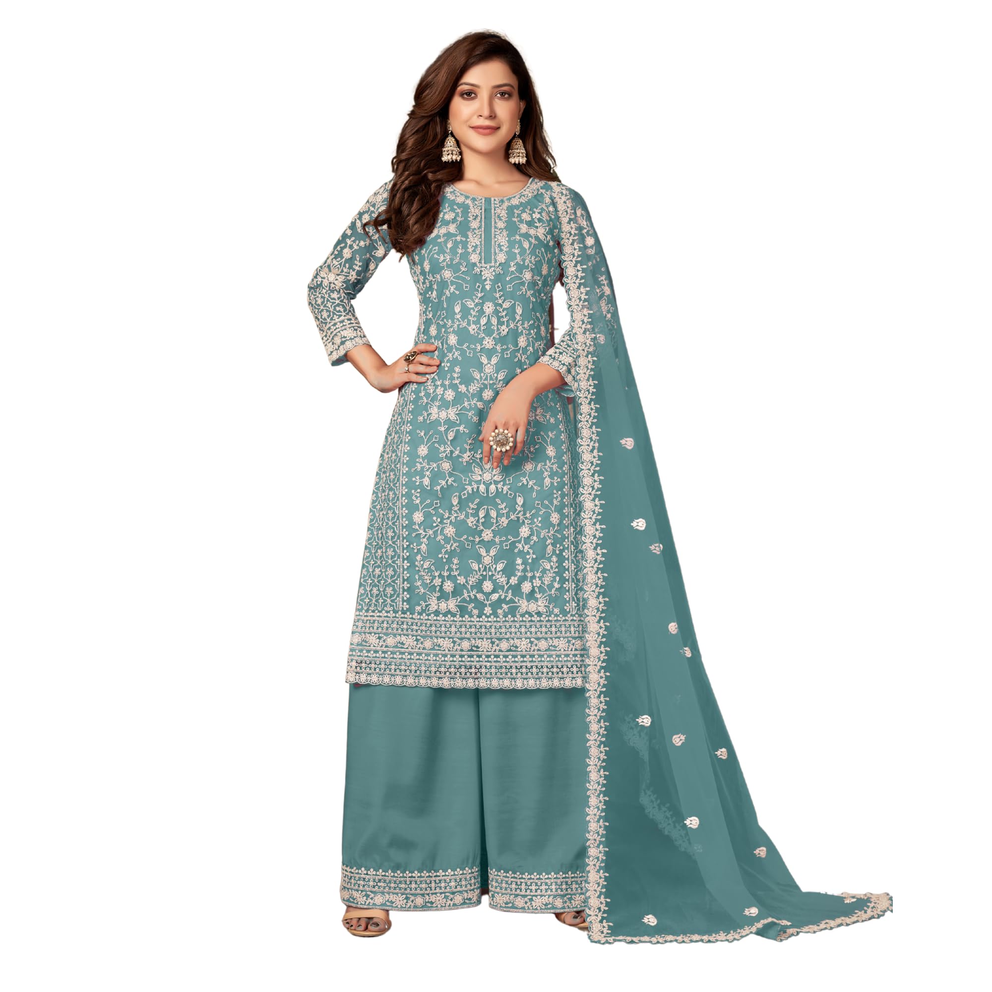 Premium Soft Net Embroidered Palazzo Suit with Elegant Dupatta for Women Festival and Party Wear
