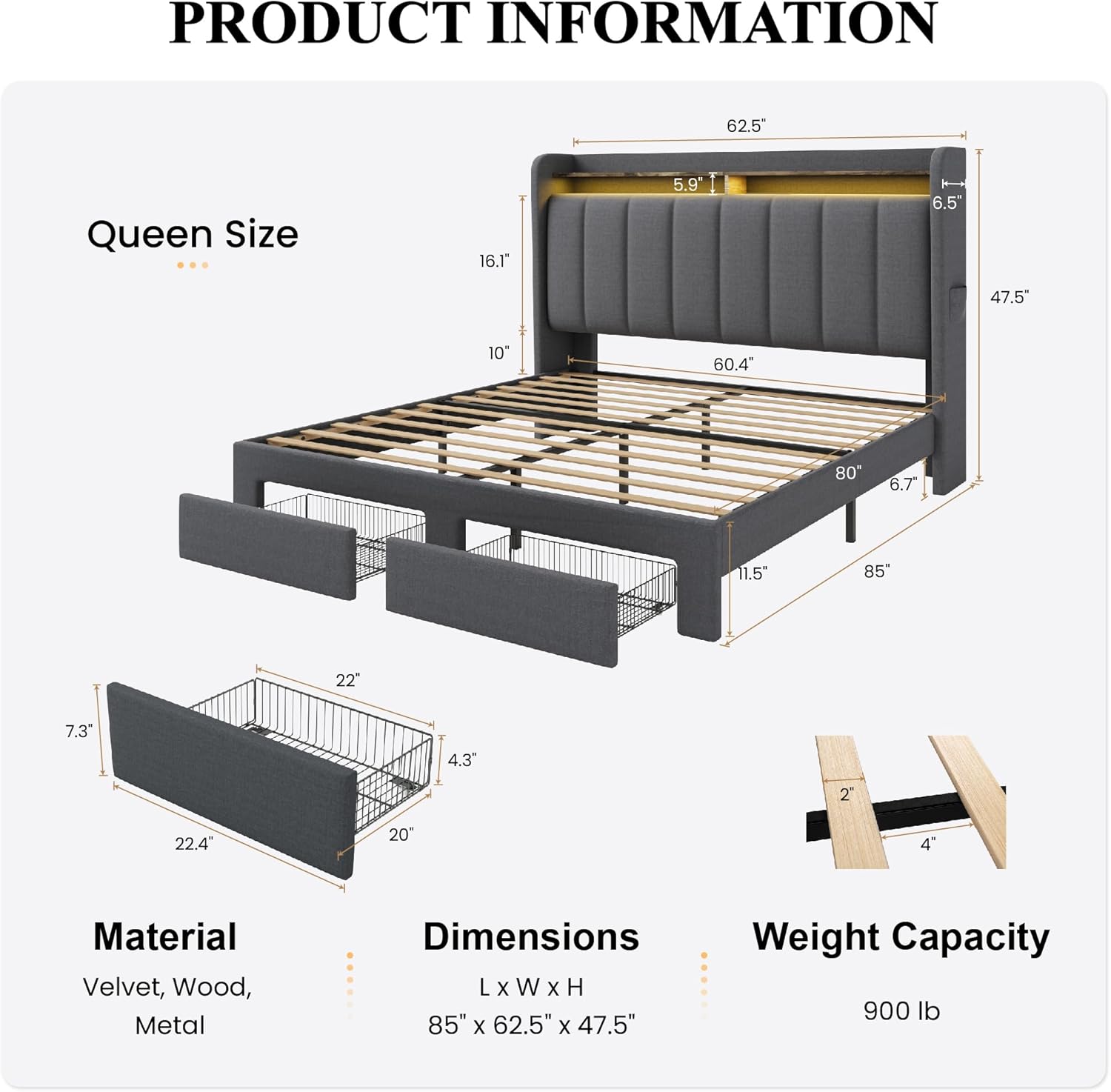 SHA CERLIN Queen Platform Bed Frame product information with dimensions and features