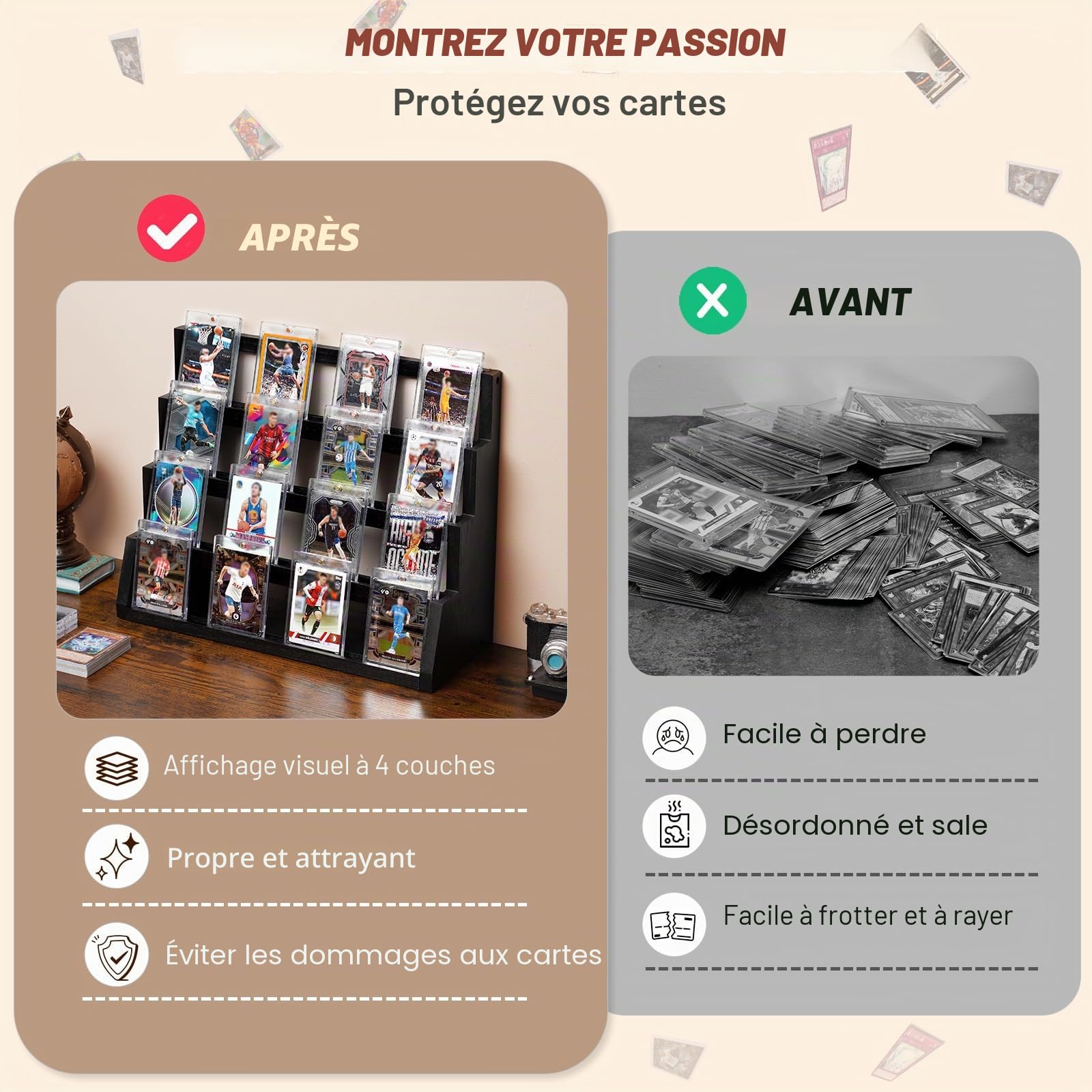 Présentoir de cartes à collectionner en bois à 4 étages - Avec porte-cartes et compartiments réglables - Pour la collecte et l'exposition de cartes de sport - Noir
