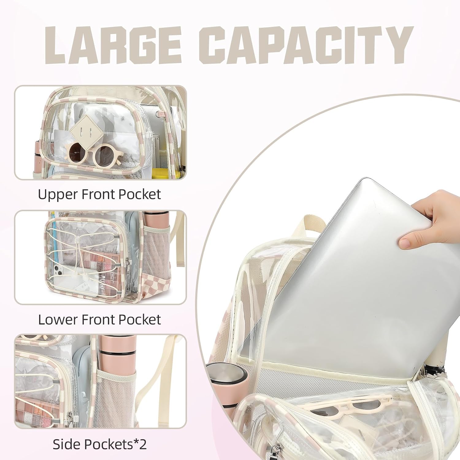 Clear Backpacks for Girls Women, Heavy Duty PVC Transparent Back Pack See Through Boys Kids Clear Bookbags for School Checkered Brown