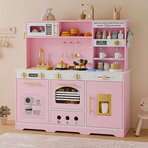 Vista 11 de Juego de cocina para niños, juego de cocina con 21 accesorios divertidos, juego de cocina de juguete con electrodomésticos realistas, almacenamiento