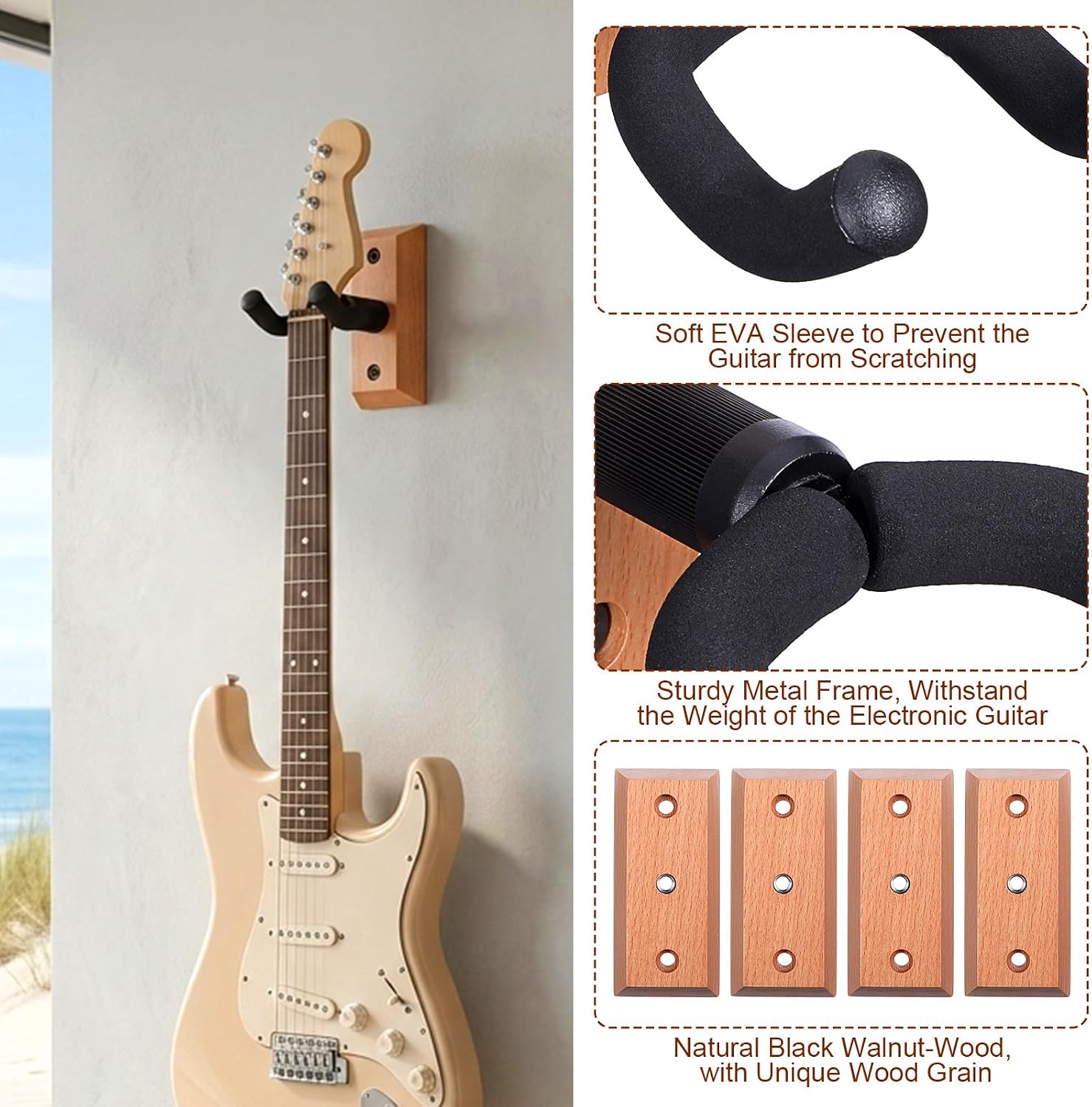 Lemecima 4 Pack Guitar Wall Mount, Guitar Hanger with Rotatable Soft Hook for All Size Guitars, Easy to Install, Hardwood U-Shaped Holder Wall Mount for Acoustic, Bass, Mandolin, Banjo image 3
