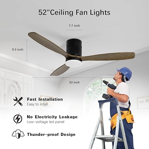 Miniatura 7 de Ventilador de techo silencioso de 52 pulgadas con motor de CC de luz LED, control remoto de gran volumen de aire, 3 aspas de madera marrón oscuro,