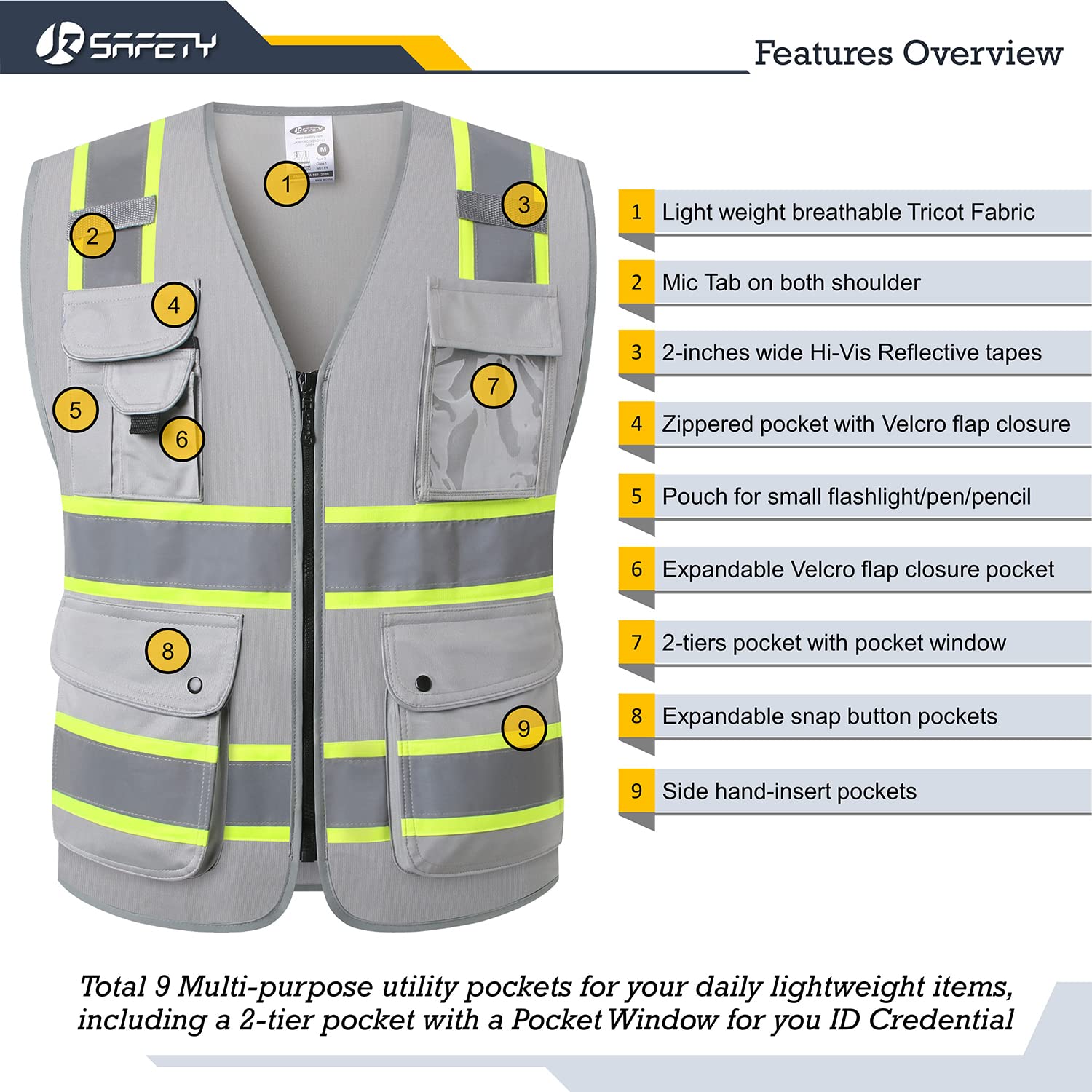 JKSafety 9 Pockets Hi-Vis Fluorescent Color Zipper Front