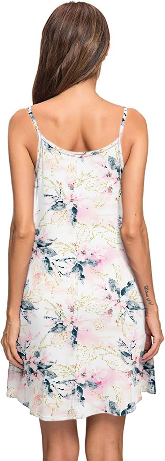 MISFAY Women's Summer Spaghetti Strap Casual Swing Tank Beach Cover Up Dress with Pockets(White Pink Flower,XL) - Image 3