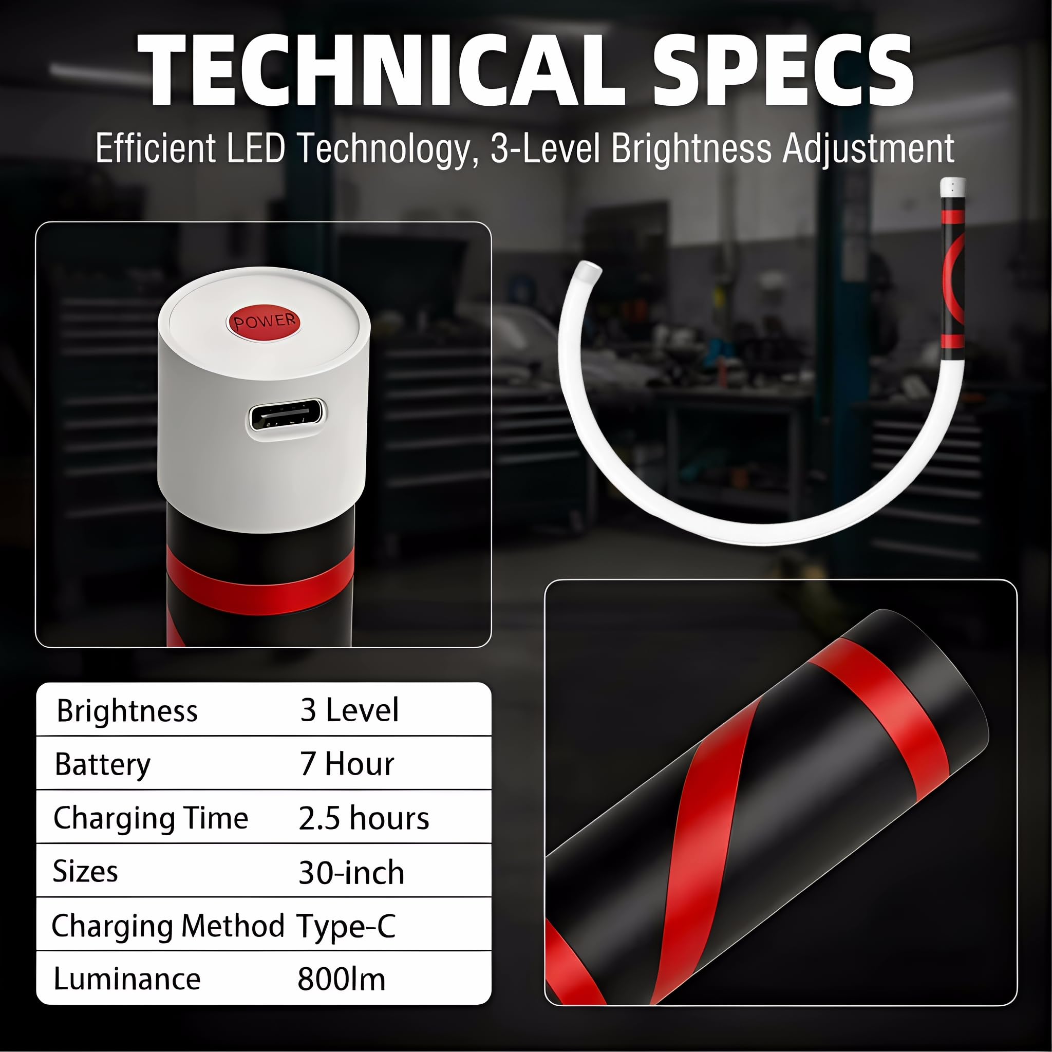 Lampe torche LED flexible, 68,6 cm rechargeable avec 3 modes de luminosité et positionnement mains libres, lumière d'inspection portable pour réparation de voiture, plomberie et utilisation en