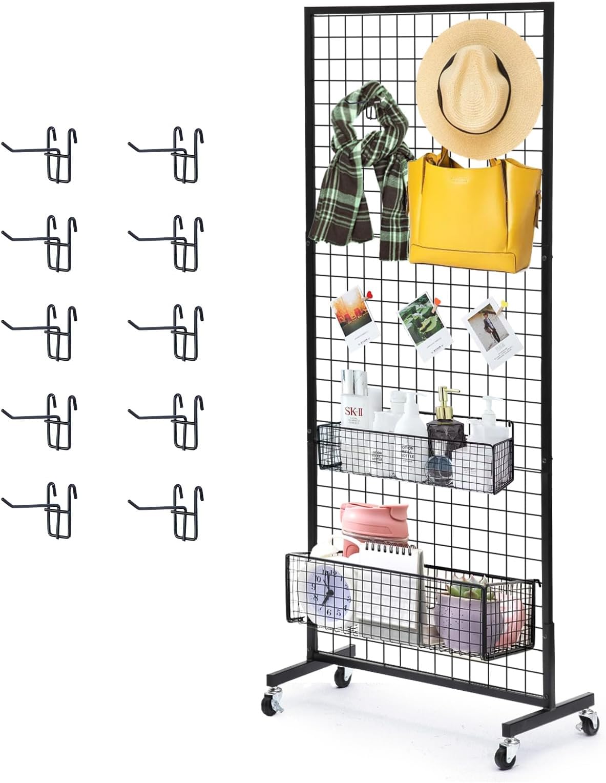 1 Pack 2.5'x 6' Three Pieces Grid Wall Panels Stand with T-Base, Black Wire Grid Wall Rack with Wheels, Craft Display Rack, Retail Display, Art Display, Extra More 10 Pieces Hooks