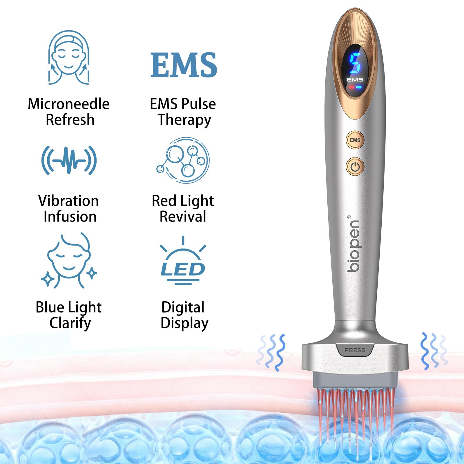 Microneedling Stamp Bio 6 – Derma Stamp Professionale 4 in 1 con Microneedling, EMS, Terapia Luce Rossa/Blu, Massaggio Vibrante– Ringiovanimento Viso, Anti-Età, Crescita Capelli
