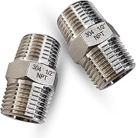 304 Stainless Steel 1/2" Male to Male NPT Hex Nipple Pipe Fittings - Equal Straight Threaded Adapter, 2 Pack for Leak-Proof Connections