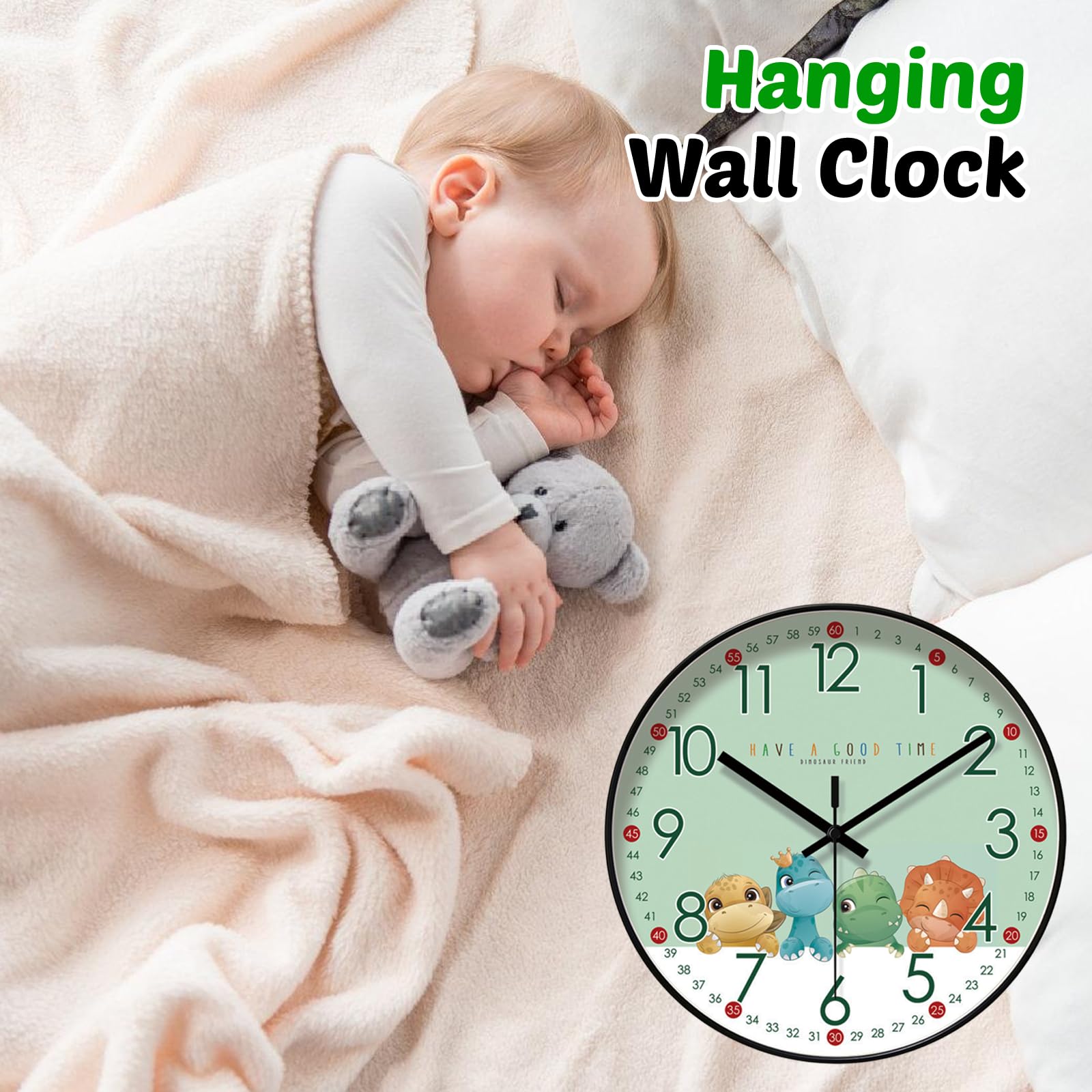 TropicalLife Simpatico orologio da parete rotondo con dinosauri Kawaii, silenzioso e non ticchettio, orologio da parete con stampa carina per casa, soggiorno, camera da letto, scrivania e ufficio