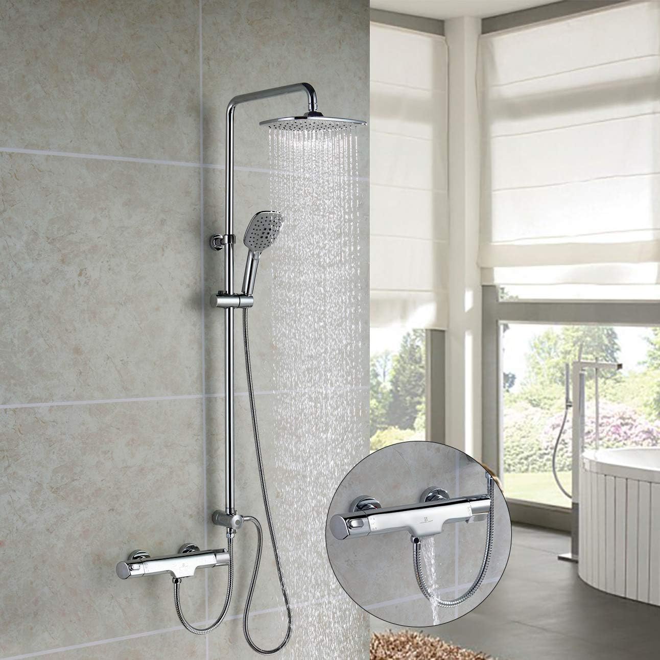 HOMELODY Thermostatic Shower Mixer Set,Shower System 3 Functions with Bathtub Faucet,Shower Head and Hand Shower