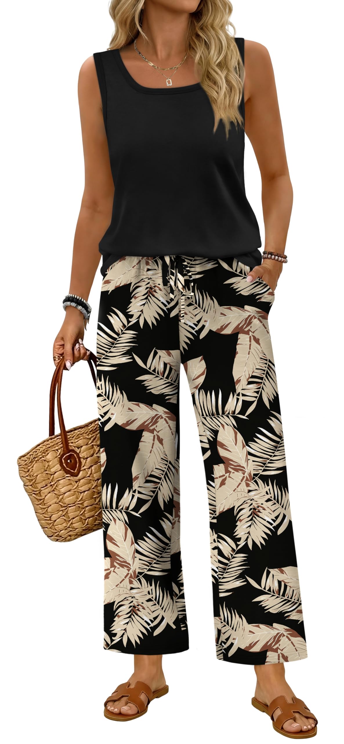 WIHOLL Two Piece Sets for Women Summer Spring Outfits Tank Square Neck Sleeveless Travel Vacation Lounge Wide Leg Pants Set — view 15