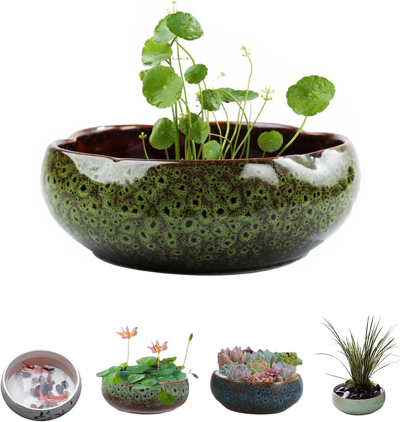 Lotus Bowl Planter, Lotus Bowls for Planting in Water Indoors, Bonsai Bowl Lotus Flower Seeds, Ceramic Planters for Indoor Plants, Leak-Proof Design for Succulent Plants (Green Black)