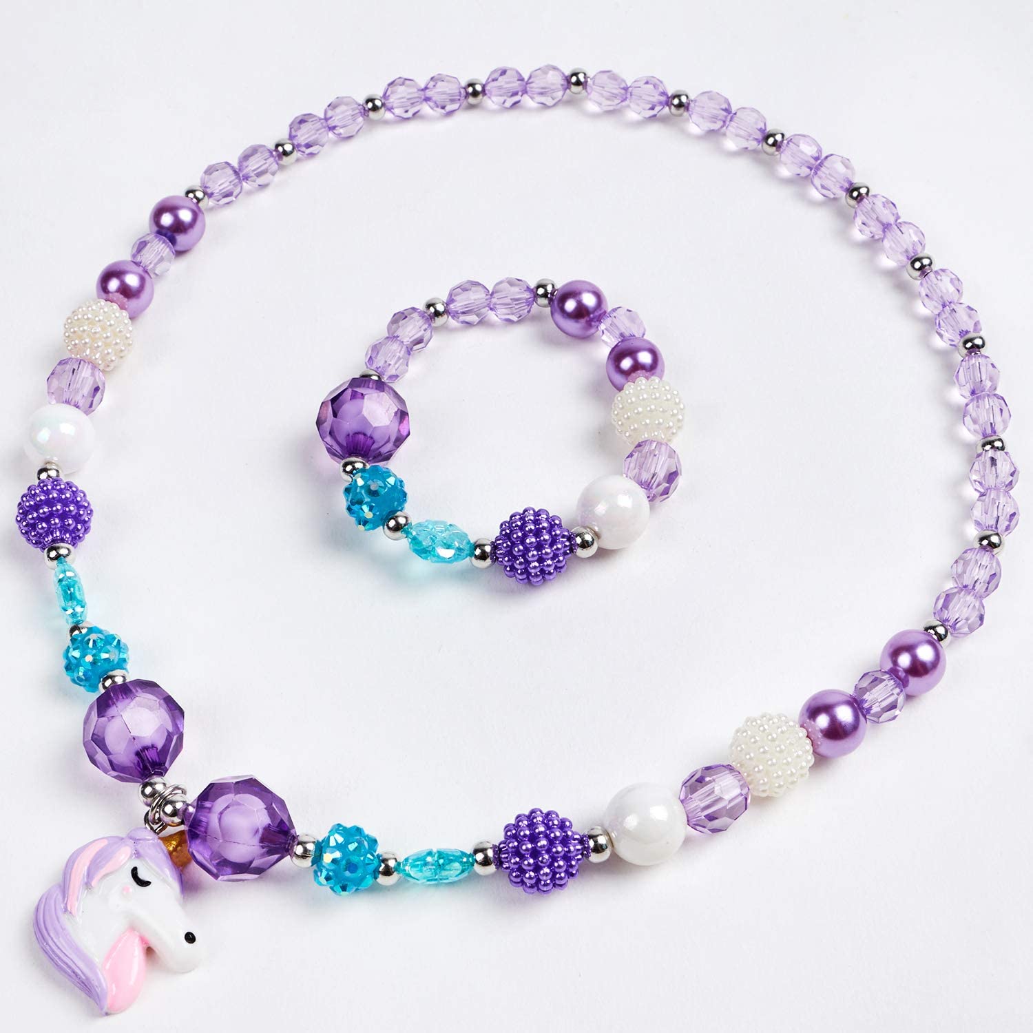 El Regalo 3 Sets Girl Princess Necklaces & Bracelets With Colorful Unicorn, Mermaid, Rainbow Pendant Kids Stretchy Chunky Costume Jewelry Gifts Party Favors Dress Up Friendship Jewelry 1