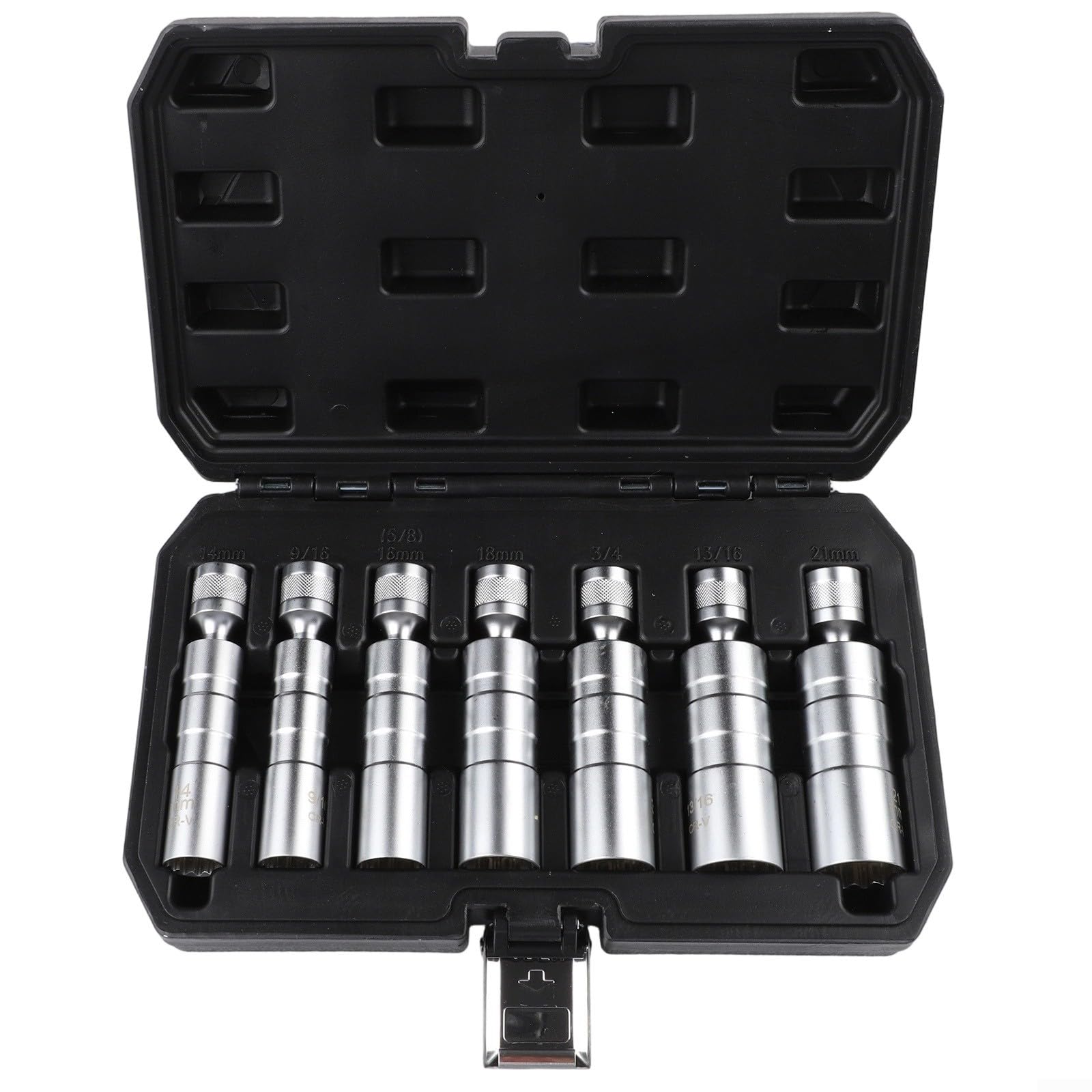 7-częściowy zestaw kluczy nasadowych do świec zapłonowych 3/8", klucze nasadowe 14 mm 16 mm 18 mm 21 mm 9/16 13/16 3/4, z wytrzymałej stali z walizką do przechowywania do naprawy samochodów