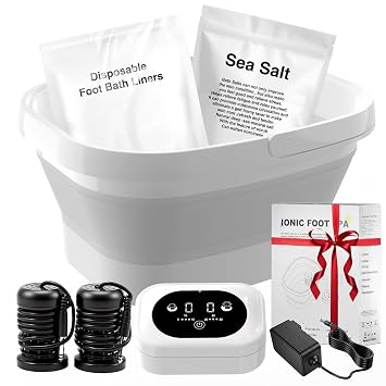 Ionic Foot Bath Detox Machine,Foot Detox Foot Bath Soak Tub with 2 Arrays,80 Disposable Foot Spa Liners, Sea Salt,Folding Foot Spa Bucket,Home Salon-Level Foot Soaking Tub