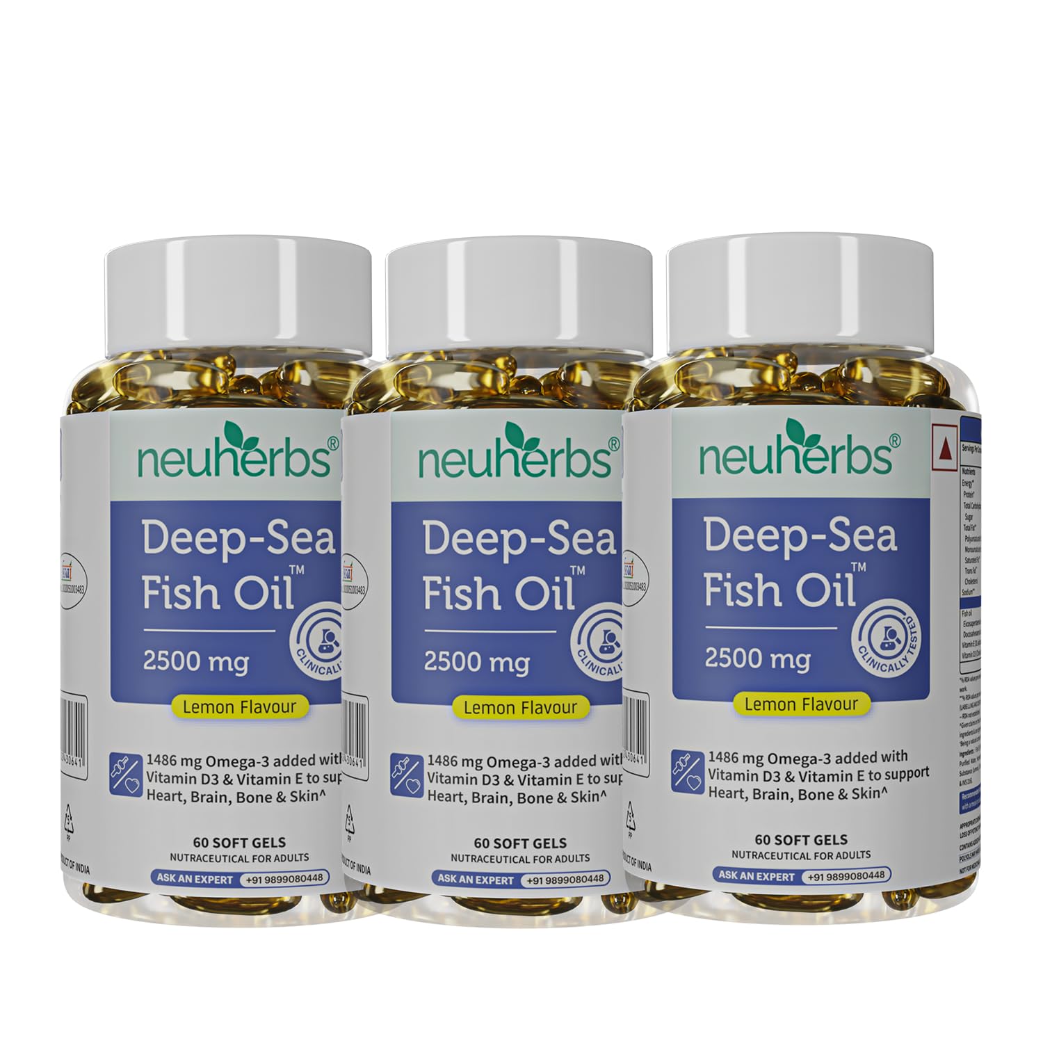 Neuherbs Deep Sea Omega 3 Fish Oil Capsules- 60 Softgels ( Pack of 3) for Men & Women |892 Mg Epa and 594 Mg Dha |Omega-3 Fishoil Triple Strength 2500 Mg Supplement -Lemon Flavour, 70 grams