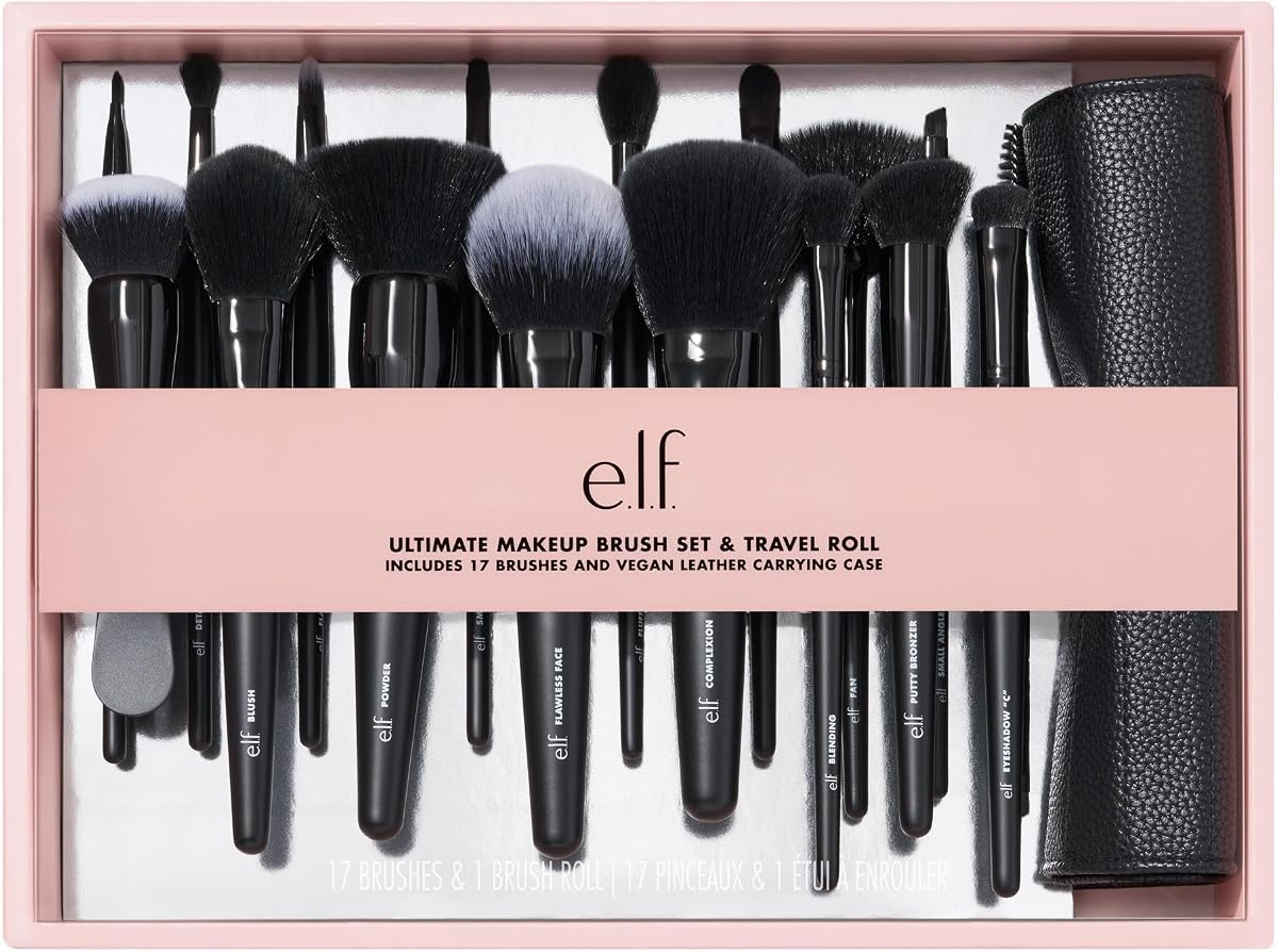 e.l.f. Ultimate Makeup Brush Set & Travel Roll, 17-Piece Brush Kit, Brushes For Eyeshadow, Foundation, Powder, Concealer & more, Vegan & Cruelty-Free