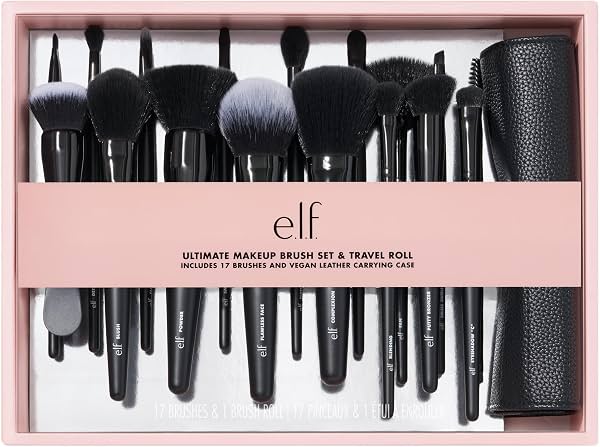Set de brochas de maquillaje e.l.f. Ultimate y estuche de viaje, kit de 17 brochas para sombra, base, polvo, corrector y más, vegano y libre de crueldad, nailon