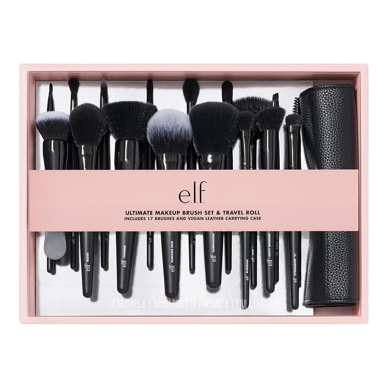 e.l.f. Kit de Pincéis de Maquiagem com Estojo Enrolável, 17 Peças