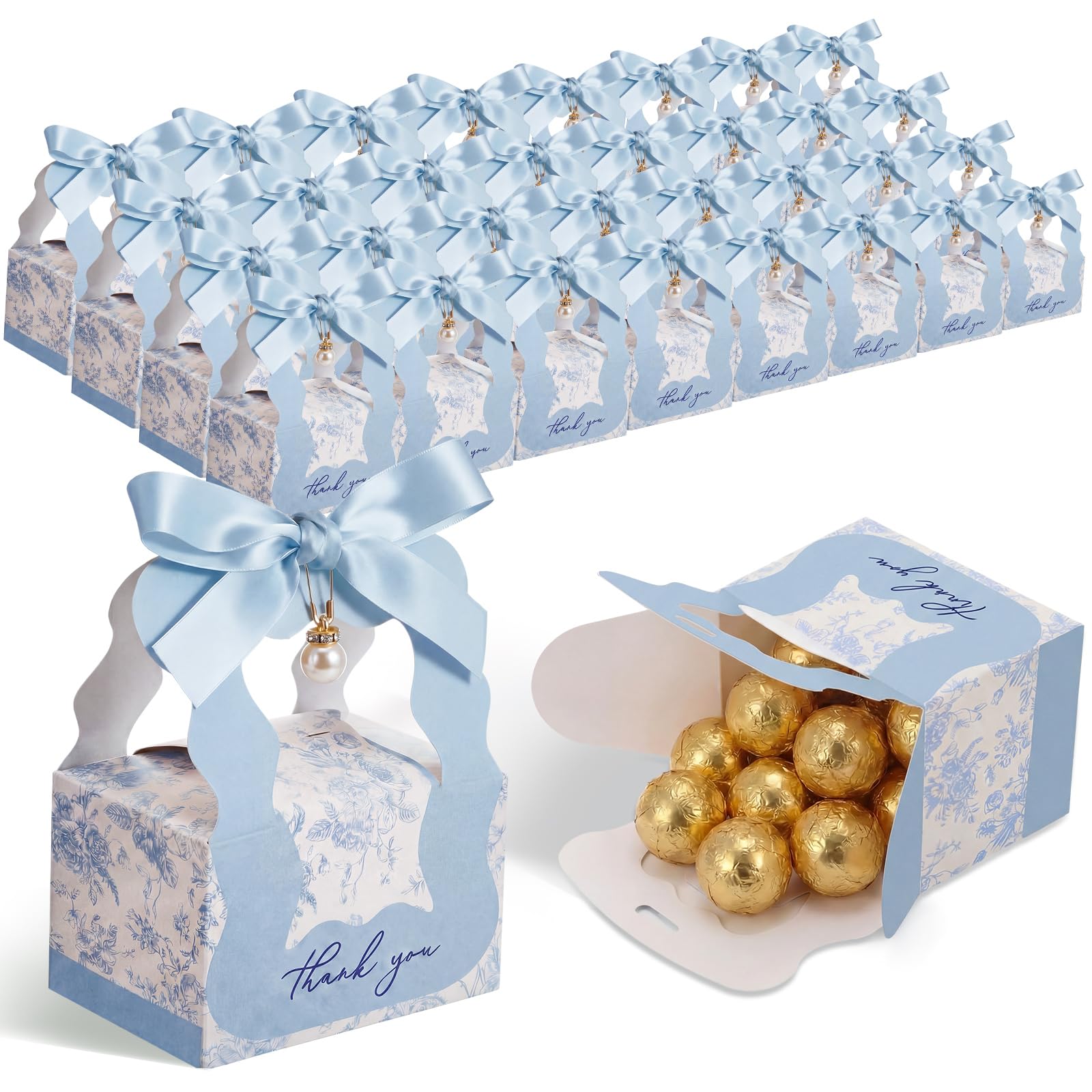 ForraFun 100 Sets Blumen Hochzeit Gastgeschenke Boxen mit Perlenanhänger Schleife Band Floral Hochzeit Party Süßigkeiten Boxen Brautgeschenk für Gäste Brautparty Geburtstag Party Jahrestag Supplies