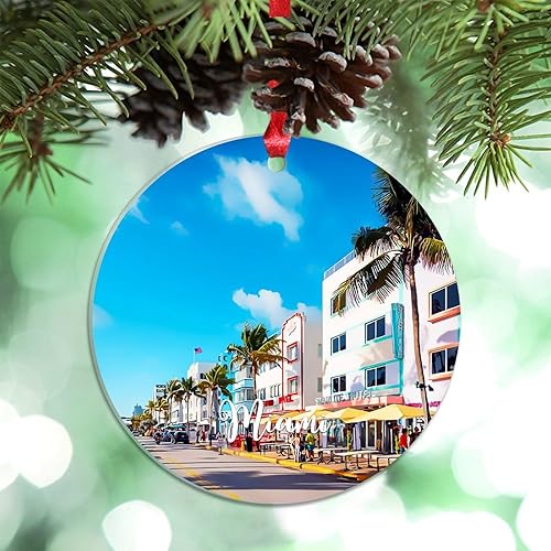 Adornos de Navidad acrílicos de Florida EE. UU., paisaje urbano de Miami, decoración de árbol de Navidad, recuerdo de viaje, adornos de Navidad