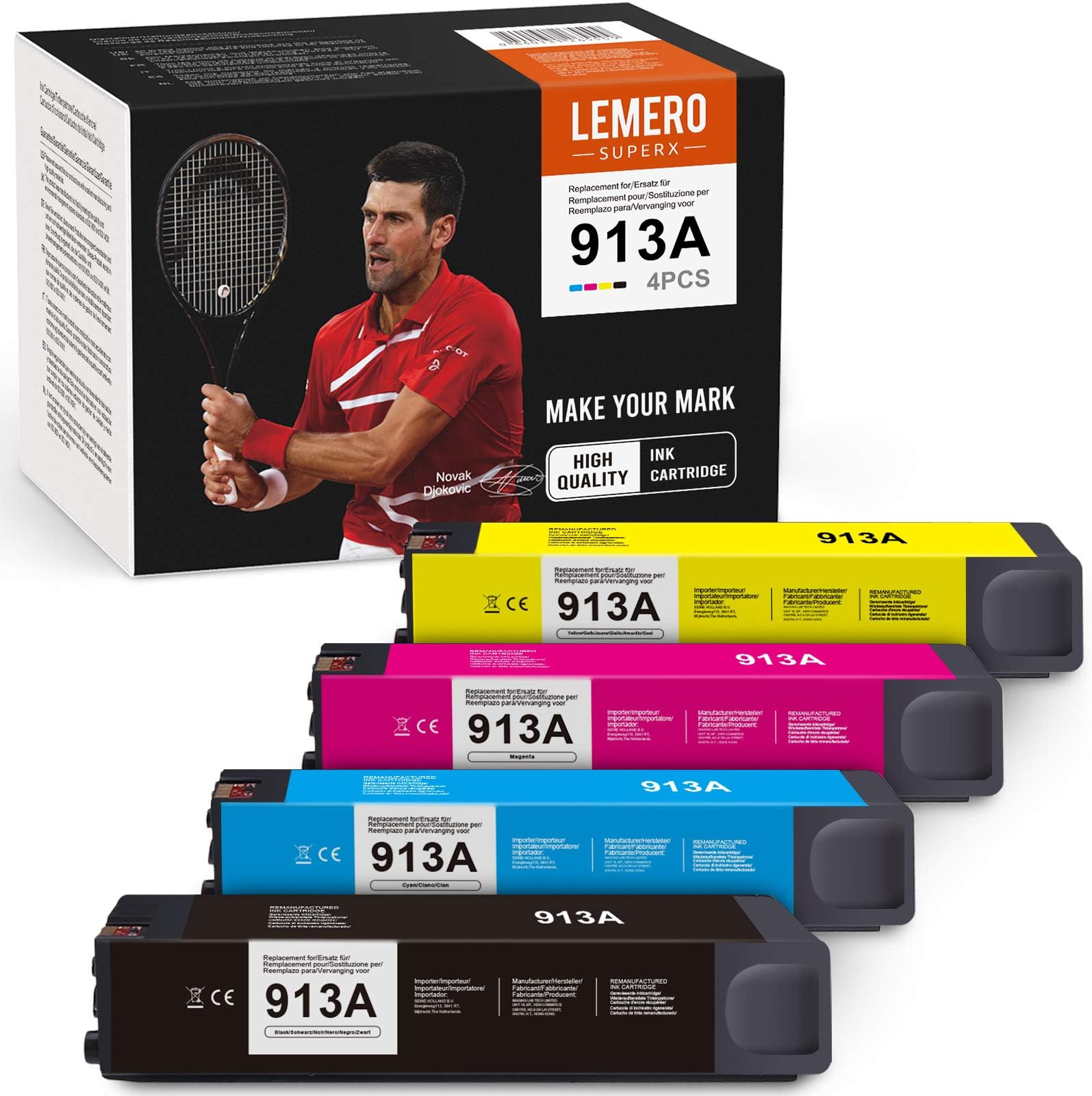 LEMERO SUPERX Remanufactured Ink Cartridges Compatible with HP 913A for HP PageWide Pro 377dw 377dn Pro 477dw 477dn Pro 352dn 452dn MFP 477dw 552dw 577dw Managed MFP P55250dw P57750dw (Pack of 4)