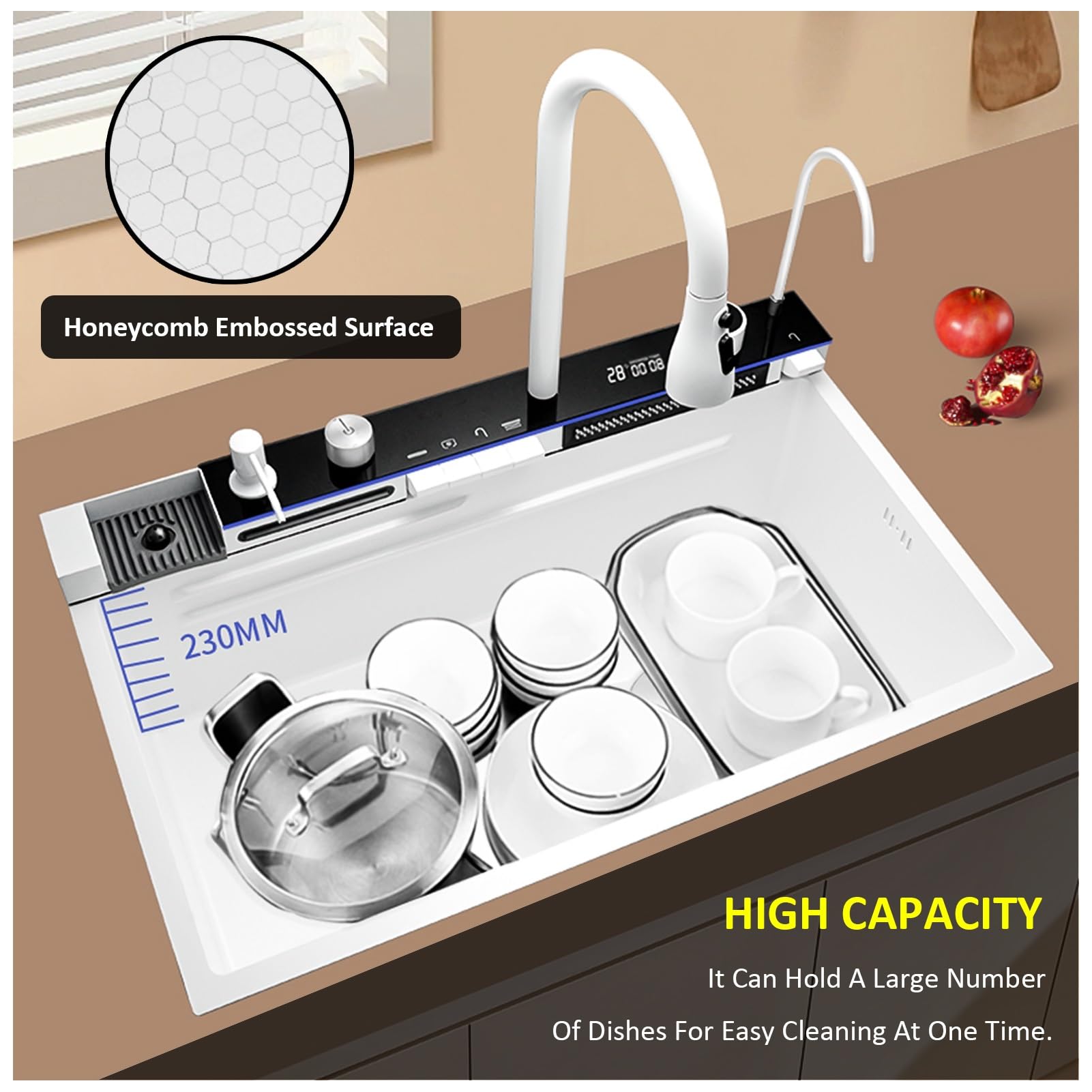 Fregadero de Cocina Moderno de Acero Inoxidable Blanco, para instalación bajo encimera, 80x46x23cm, Acabado Cepillado, Rectangular, 1 Orificio, desagüe elevable y Giratorio.