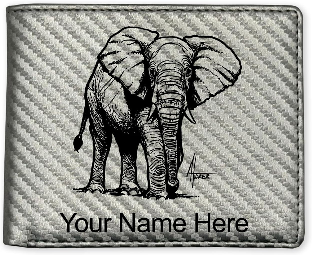LaserGram Faux Leather Bi-Fold Wallet, African Elephant, Personalized Engraving Included (Camo Green)