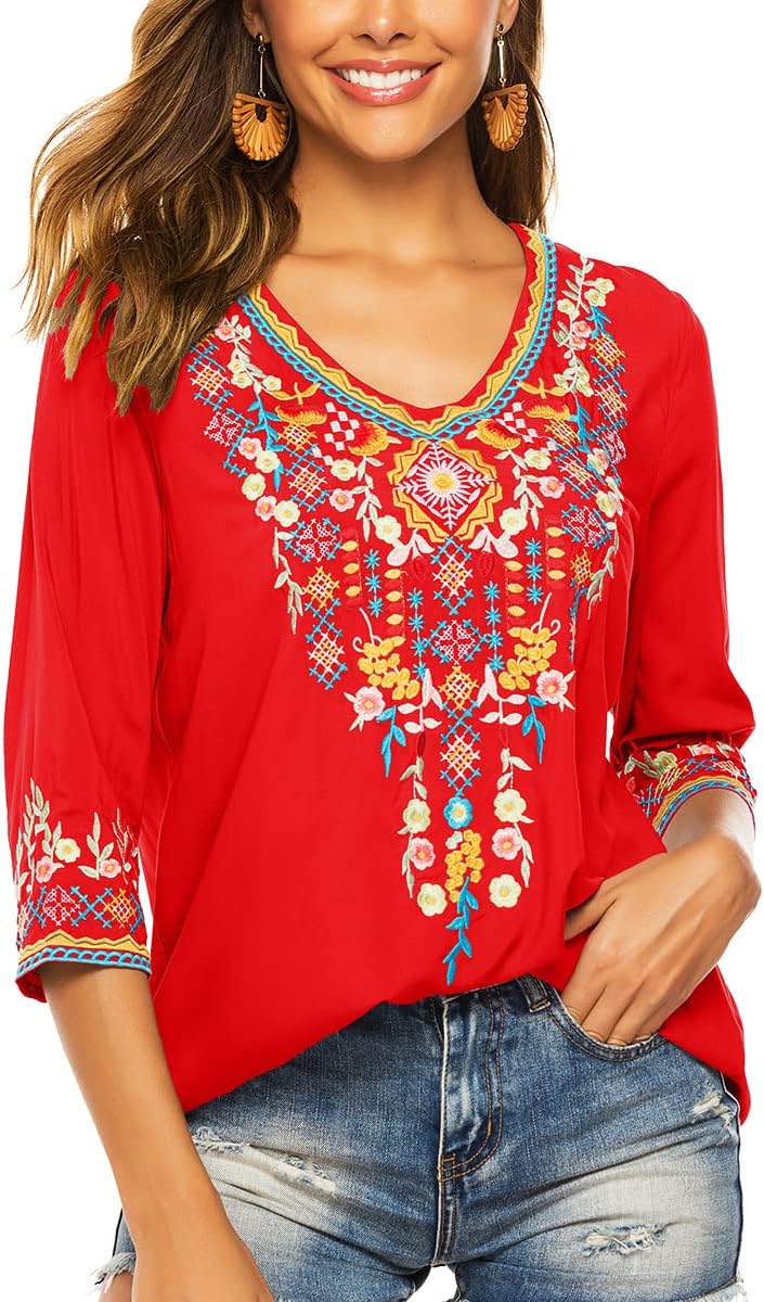 LauraKlein Women's Boho Embroidered Peasant Tops 3/4 Sleeve V Neck Mexican Bohemian Shirts Tunics Blouses