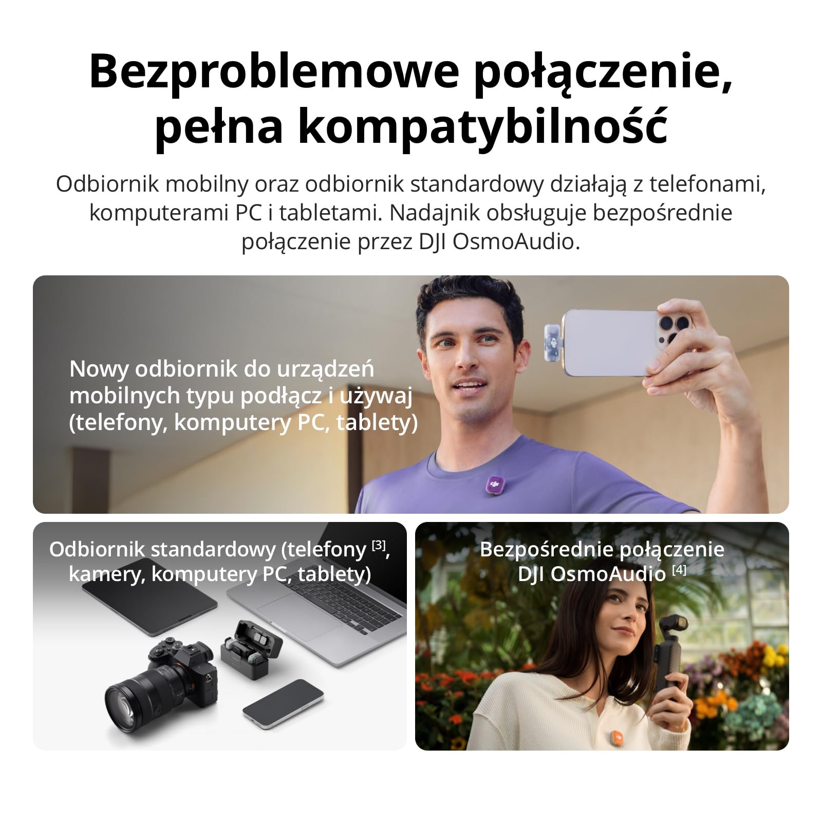 DJI Mic Mini 2 (2 TX + 1 standardowy RX + etui ładujące + 1 mobilny RX), bezprzewodowy mikrofon do iPhone 17/16/15, Android, kamer, tabletów, PC, zasięg 400m, wielokolorowa osłona magnetyczna