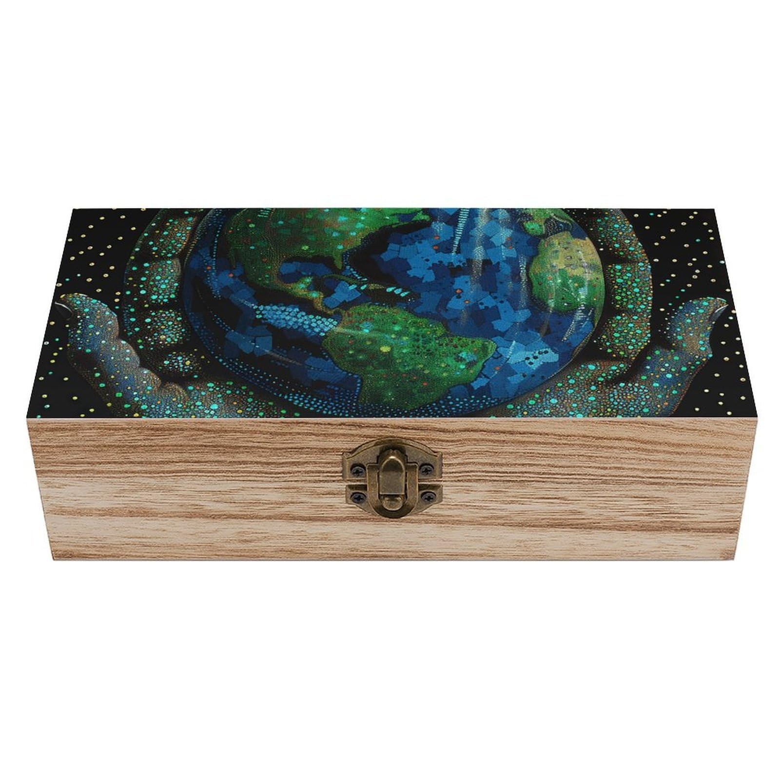 HLBSDM Vintage Wooden Storage Box Hands Holding The Earth Keepsake Box for Jewelry Photos Letters Elegant Desktop Organizer for Home Office Decor