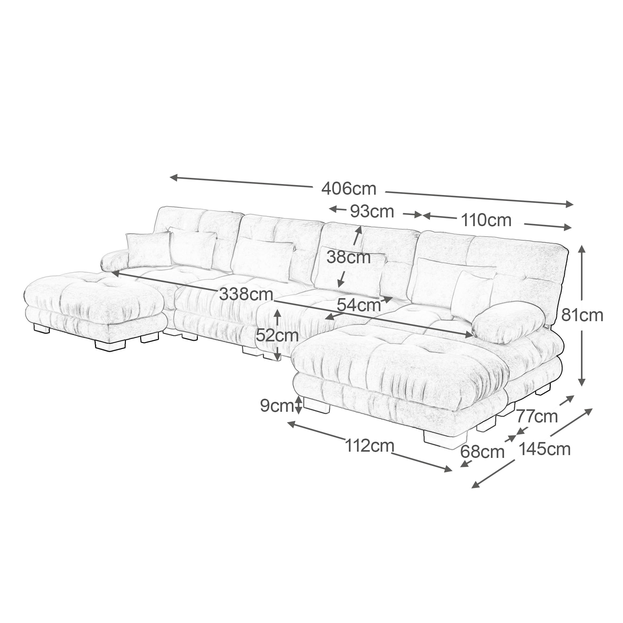 Divano angolare modulare, set divano a forma di U per soggiorno, 4 posti, comodi divani cloud con pouf mobile, combinazione fai da te, caffè leggero, ciniglia marrone chiaro