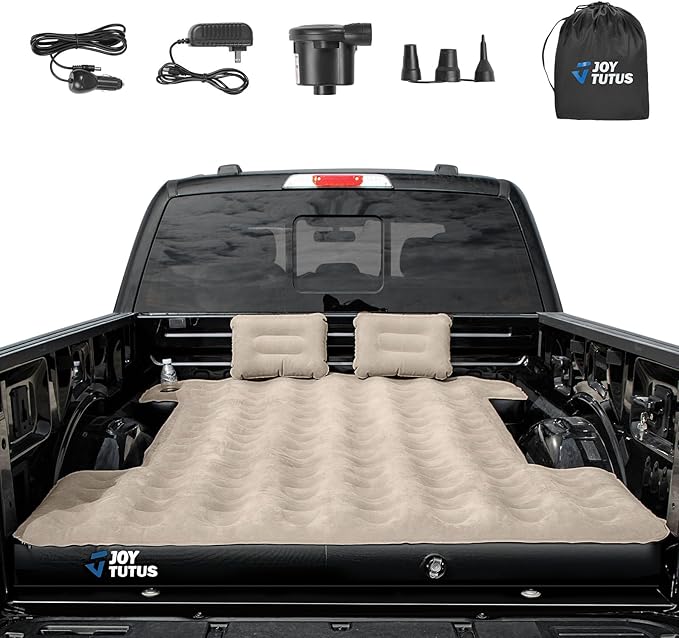 JOYTUTUS Truck Bed Mattress for 5.5-5.8Ft, Full Size Inflatable Mattress Short Truck Beds for Outdoor Camping, Truck Tent Accessories with Carry Bag & Cup Holder & Cavity Design, Camel