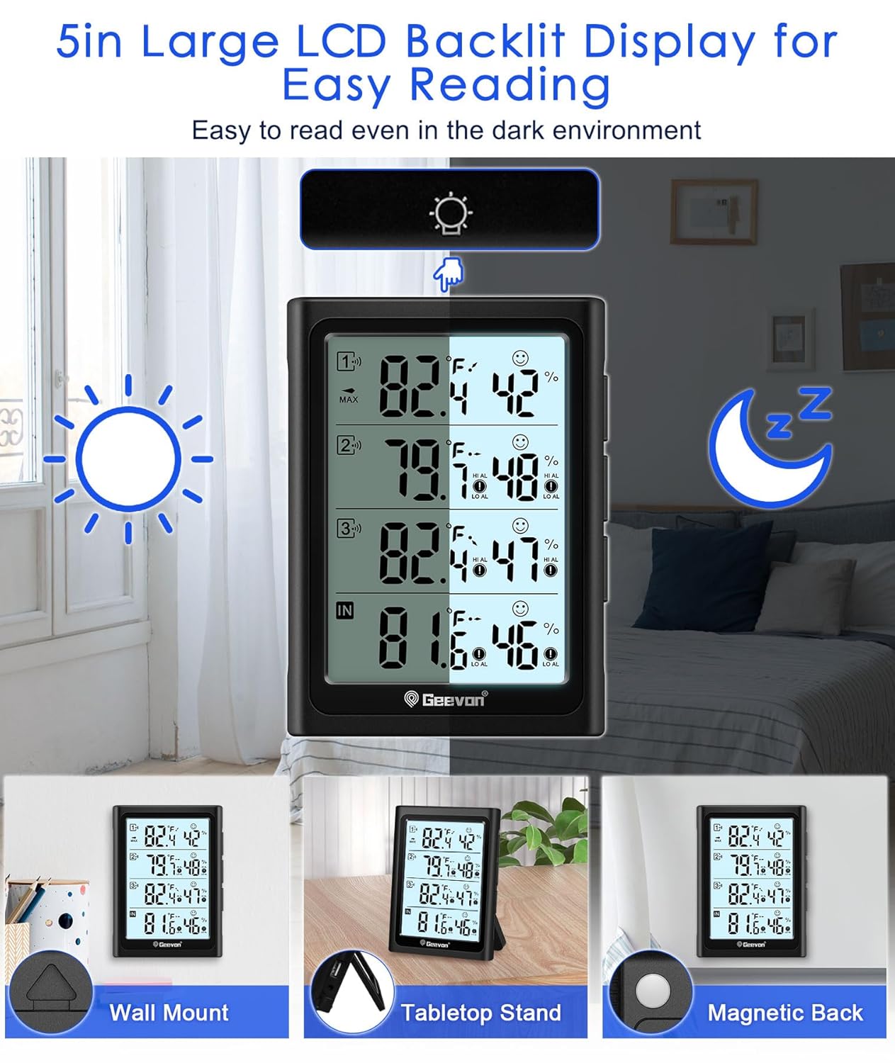 Geevon Weather Stations Wireless Indoor Outdoor Thermometer with 3 Outdoor Sensors, Large LCD Display Digital Temperature Humidity Gauge with Backlight (LCD Display)