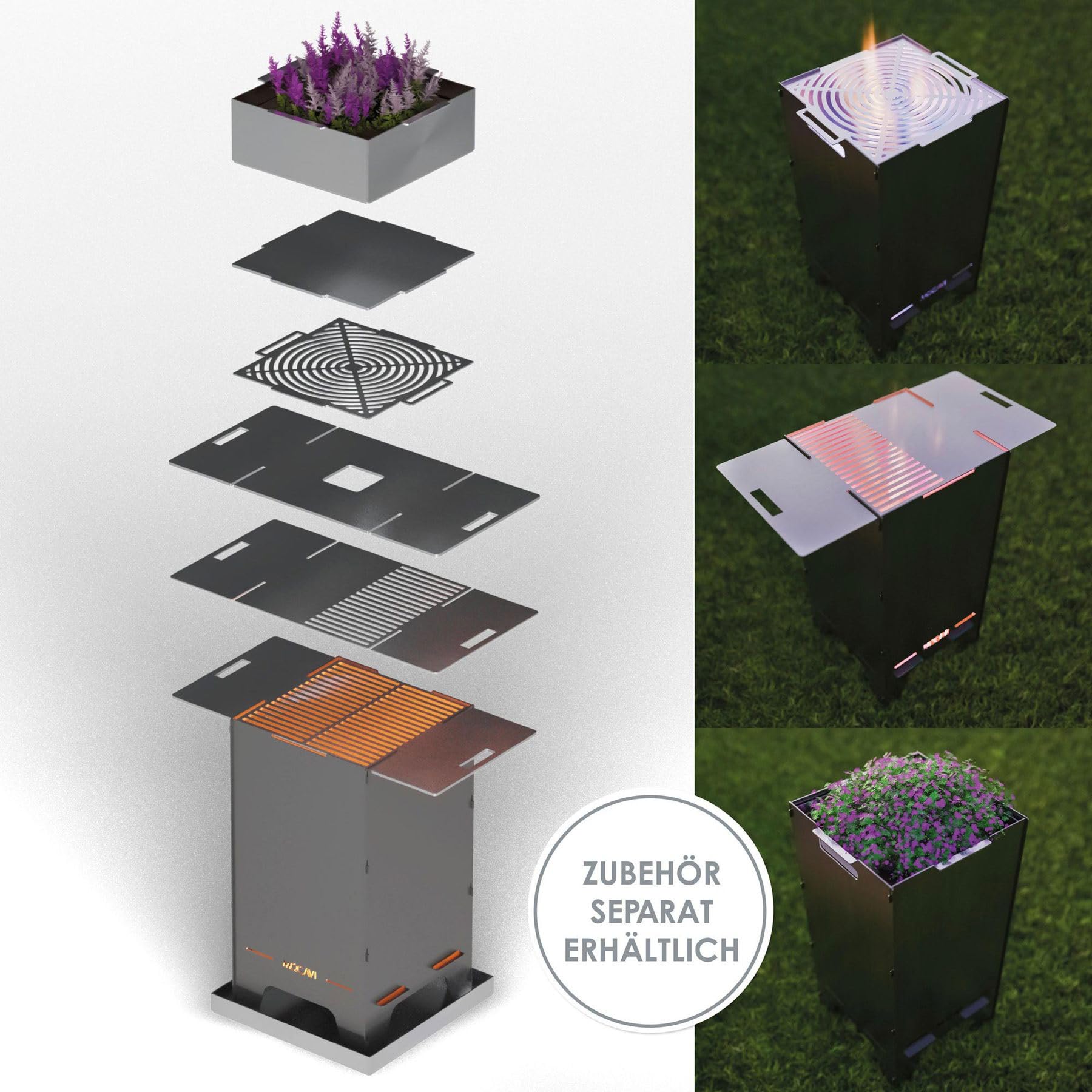 MOCAVI Feuertonne Grillen 73 cm | 3 mm Stahl personalisiert Feuerkorb Feuerschale sicher massiv robust Design-Feuerfass für Garten und Terrasse groß eckig Feuerstelle Outdoor hitzefest außen