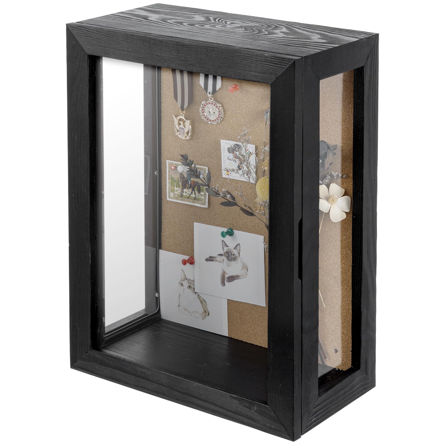 MyGift 11 x 15 Inch Wall Mounted Solid Wood Deep Shadow Box with Vintage Coal Black Finish and Cork Backing, Premium Clear Acrylic Viewing Panels, and Hinged Door Magnetic Closure